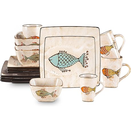 16-Piece Artisan Stoneware Dinnerware Set with Coastal Fish Motif