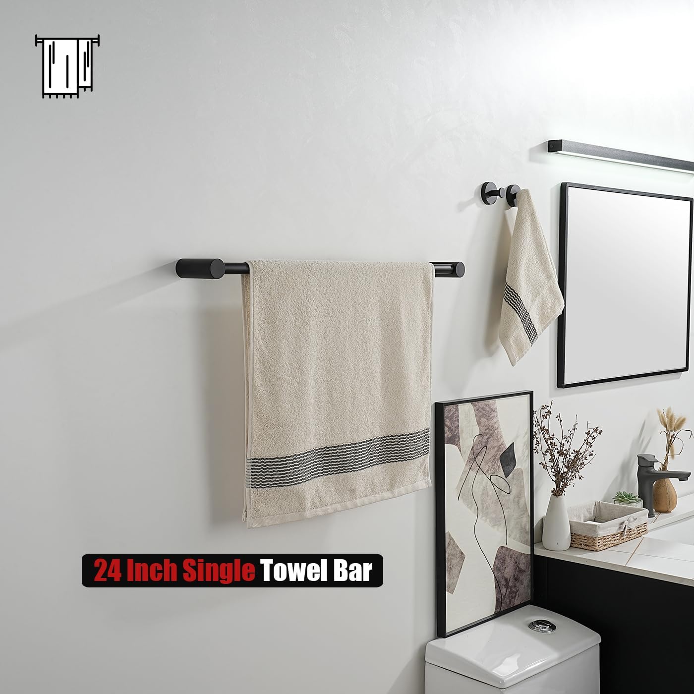JQK Bathroom Hardware Set Black, 5-Piece Bath Accessories Set Wall Mount Includes 24 in Towel Bar, Towel Ring, Toilet Paper Holder, 2 Towel Hooks, BAS625-PB