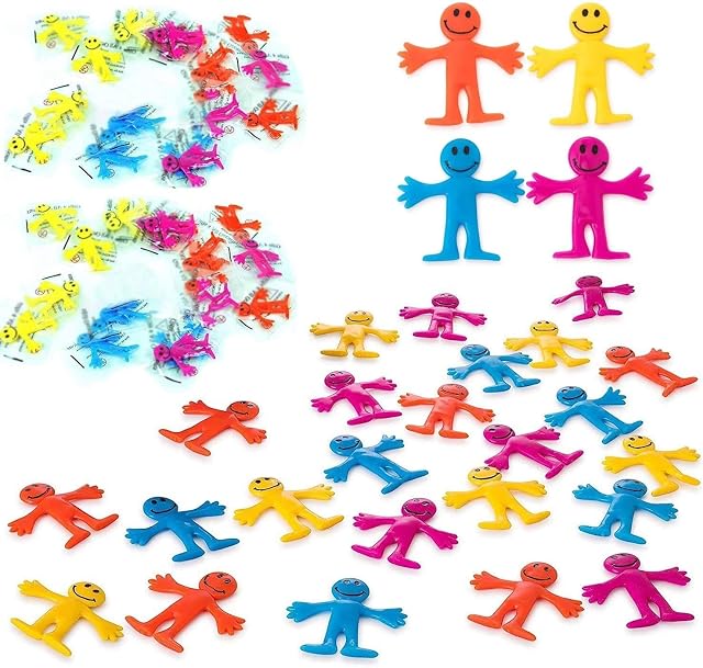 96Pk Multicolour Stretchy Men Party Bag Fillers for Kids Unisex | Strechy Man Yellow | Kids Party Bags Fillers for Kids | Smiley Men Classroom Gifts Lucky Dip Prizes Toys Childrens Party Bag Fillers