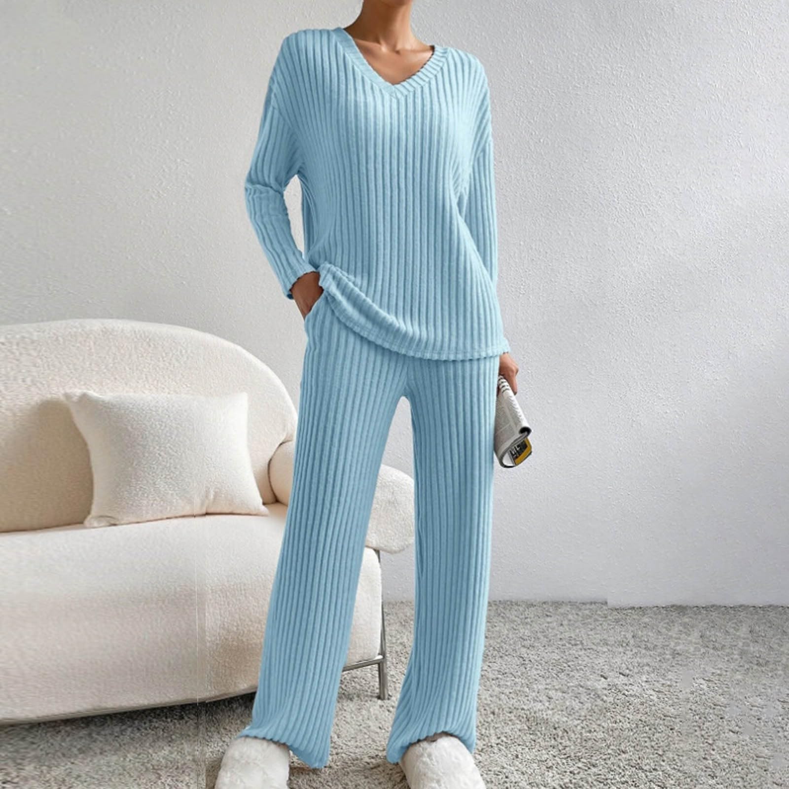 Generisch Homewear Lot de 2 combinaisons en tricot pour femme Tailles S à | Loungewear Survêtement pour femme - Texture rayée - Coupe décontractée - Col en V - Avec pantalon évasé - Combinaison de