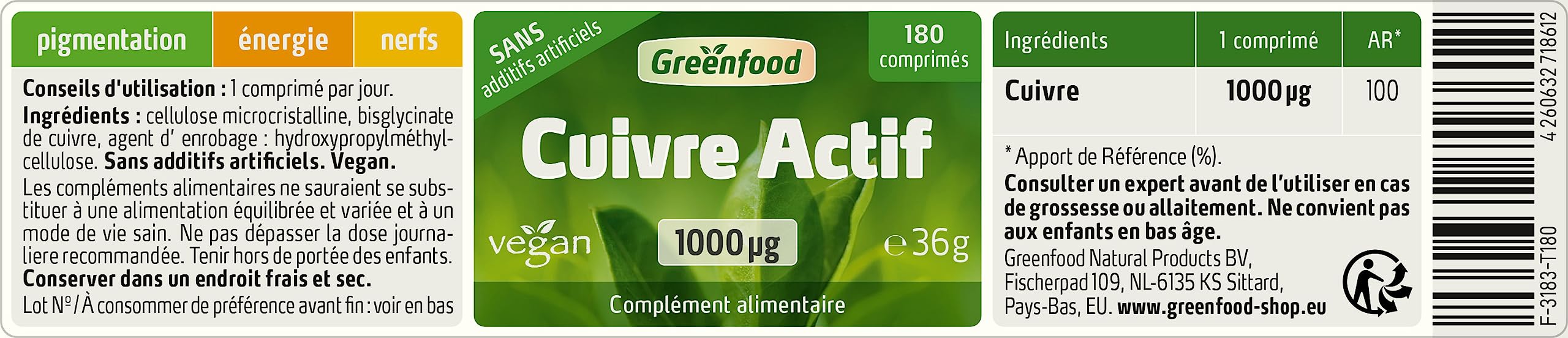Greenfood Cuivre Actif, 1000 μg, dose élevée, 180 comprimés - Pour un métabolisme énergétique normal, Sans additifs artificiels. Sans génie génétique. Vegan.
