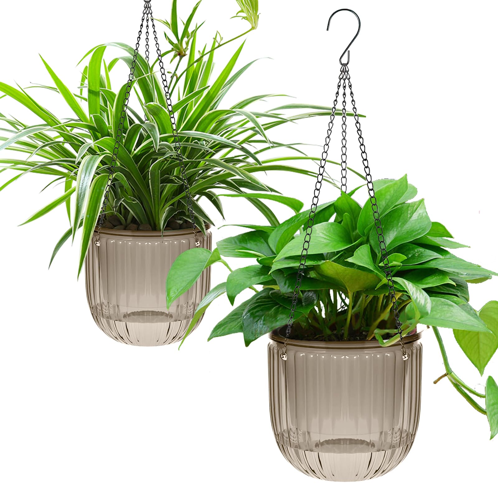 SLAKOZYT 2 paquetes de macetas colgantes autoregantes para plantas, macetas para colgar con 3 ganchos, colgantes transparentes con agujero de drenaje, para jardín, hogar, balcón, decoración de pared