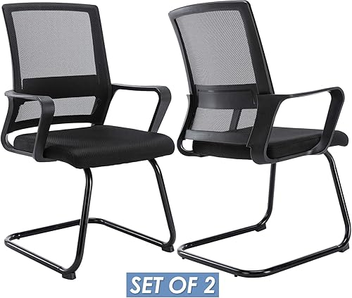 Miniatura 4 de Wahson Juego de 2 sillas de oficina con respaldo de malla resistente, silla de sala de conferencias con respaldo medio y base de trineo, paquete de 2