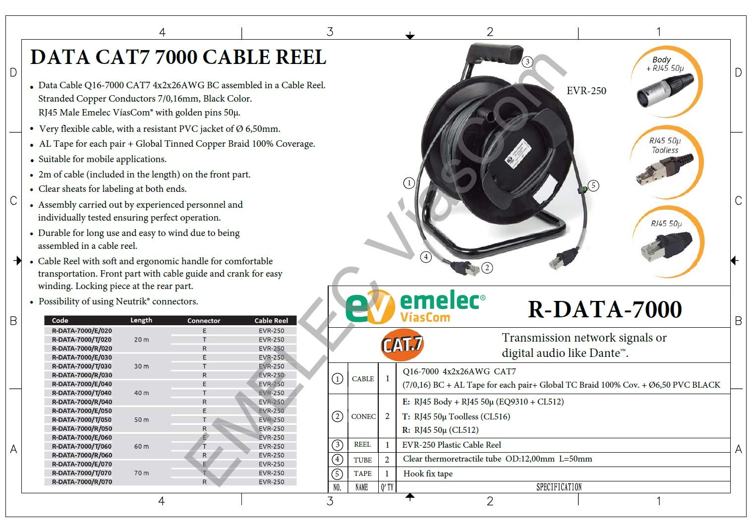 Emelec VíasCom R-DATA-7000/R/030 – 30m Cable Data CAT7 S/FTP BC 4x2x26AWG montado en Portacables con RJ45 50µ – PVC Flexible – Color Negro