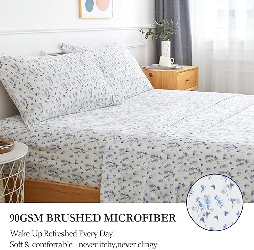 Miniatura 2 de JOOKI Juego de sábanas florales de lujo de microfibra suave tamaño King, sábanas de flores azules para todas las estaciones, sábanas con patrón de