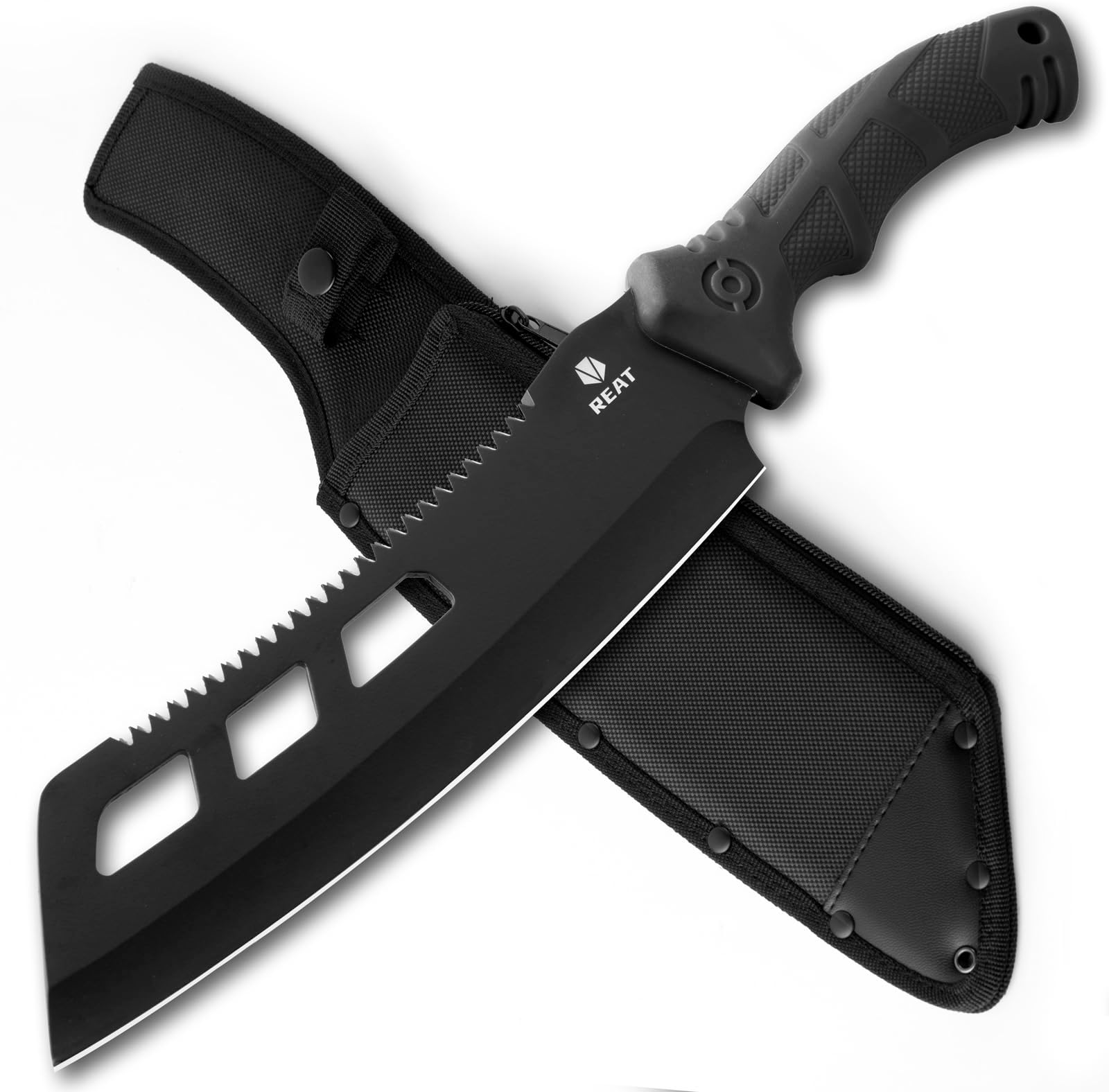 REAT Machete with Saw,16" Heavy Duty Machete with Sheath, Dual-Purpose Hunting Knife for Chopping and Sawing,Ergonomic No-Slip Handle,Machetes for Yard Work,Cutting Trees,Bushcraft,Gifts for Men,Women