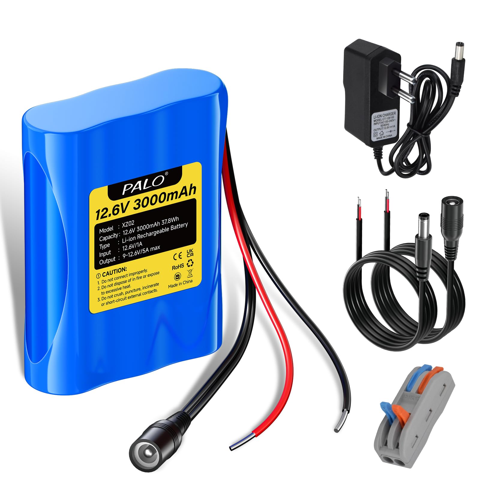 Batteria agli ioni di litio 12,6V 3000 mAh con caricabatterie e 2 linee di collegamento per pannello solare, radio, fotocamere, videocamere, lampada da lettura fai da te, telescopi, sonar