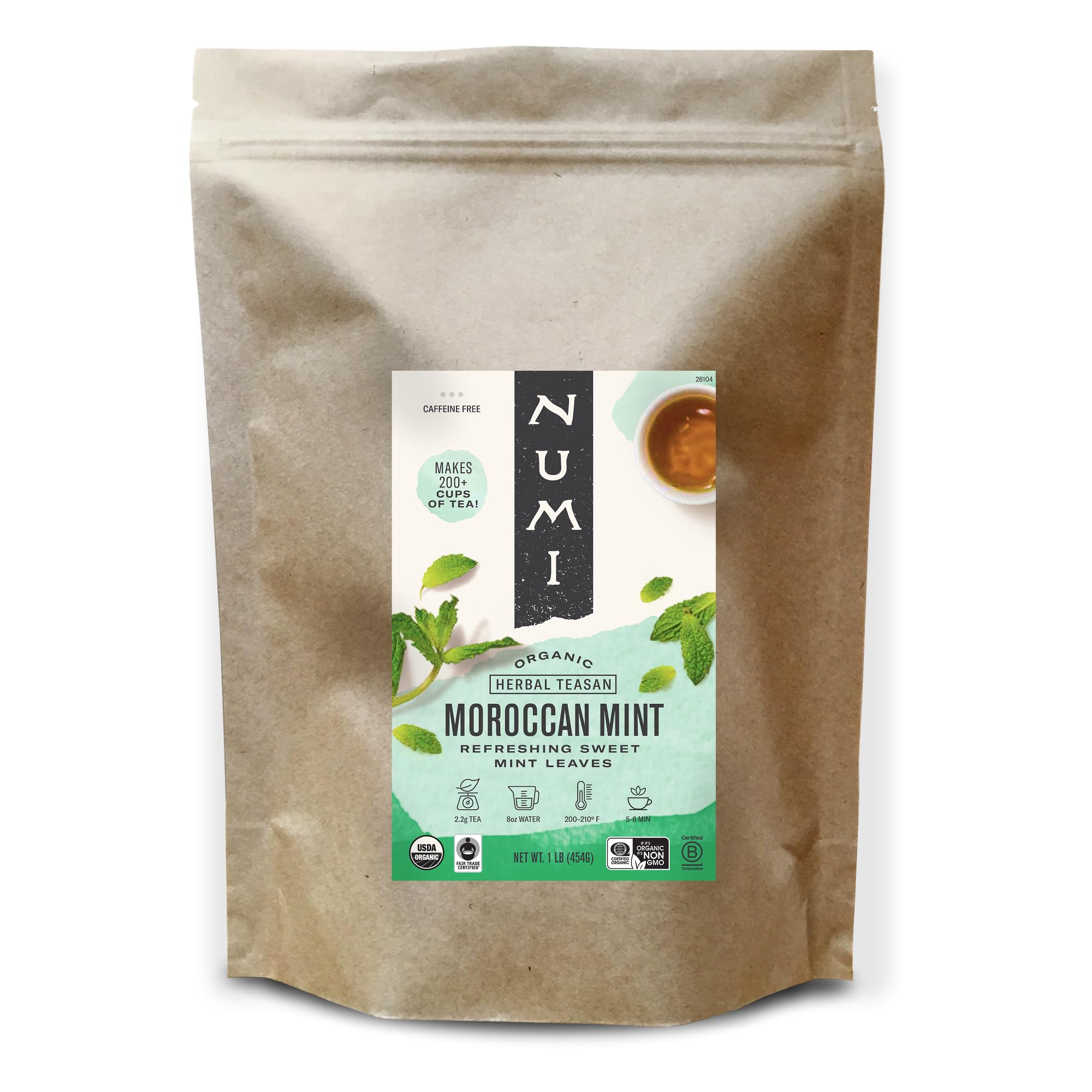 Numi Organic Moroccan Mint Tea, 16 Ounce Pouch, Loose Leaf Herbal Tea, Brews 200 Cups, Caffeine Free (Packaging May Vary)USDA OrganicFair Trade CertifiedFair Trade CertifiedFair Trade Certified