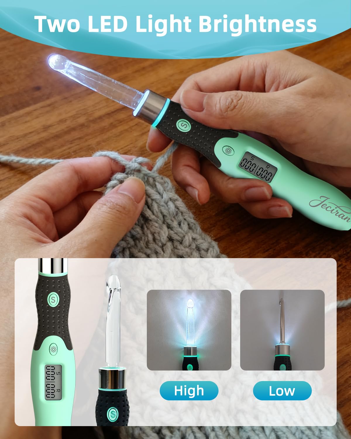 Verbessertes Häkelnadel-Set – 24-in-1 austauschbare Haken-Set – beleuchtet, digitaler Stich- und Reihenzähler – keine Notwendigkeit, Finger zu bewegen, ergonomisch für arthritische Hände – cooles