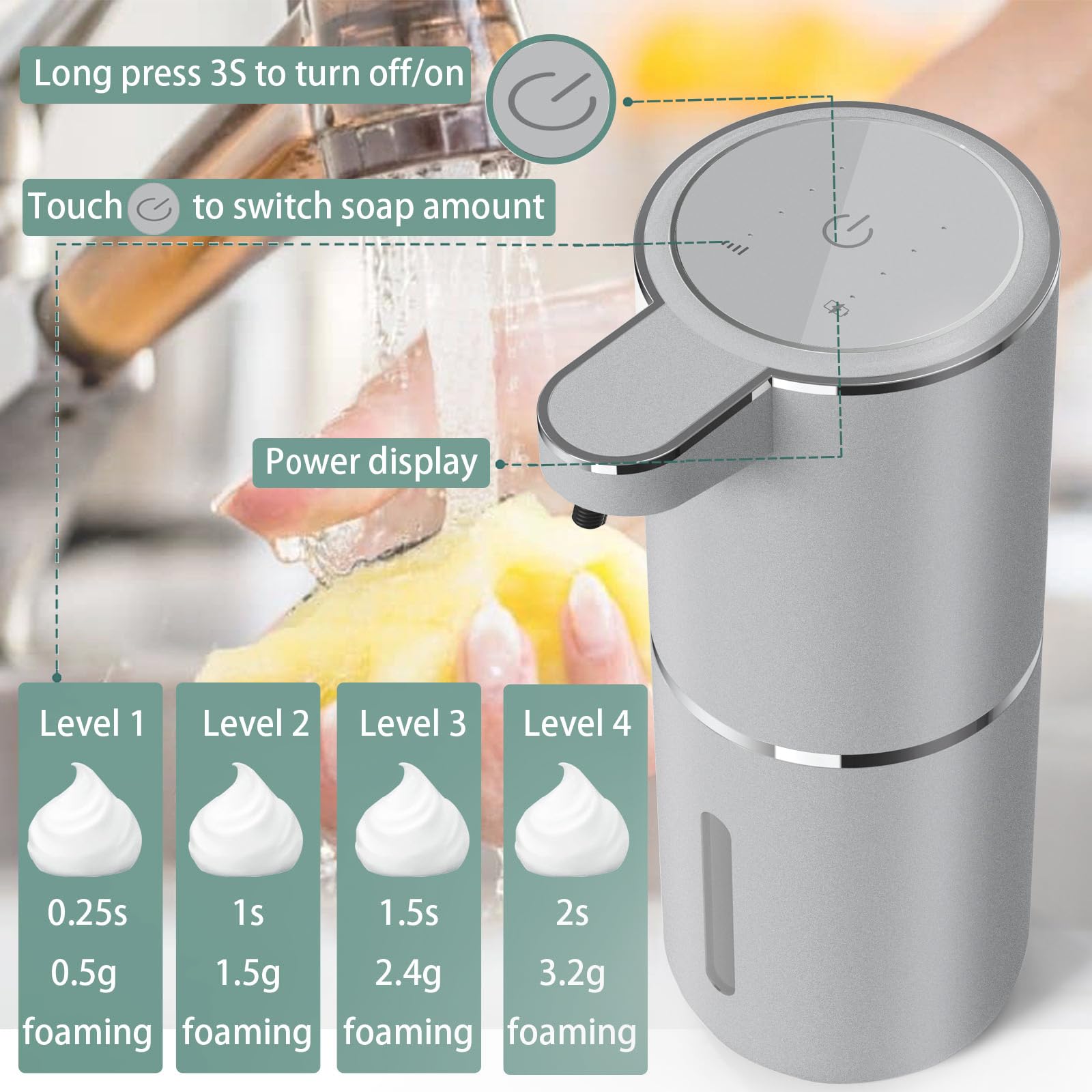 Automatischer Seifenspender, berührungsloser Schaumseifenspender, 400 ml, USB, wiederaufladbar, Wandmontage, 4 Ebenen, verstellbar, Schaumseifenpumpe für Badezimmer