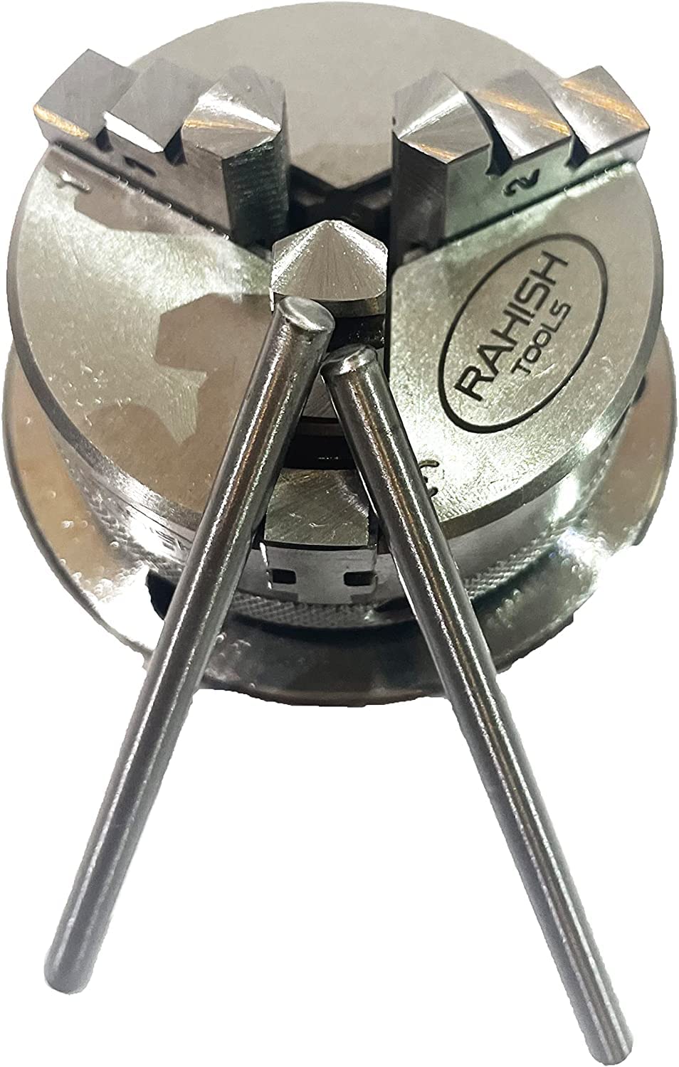 75 mm - Tavolo rotante inclinabile con 4 fessure, con mandrino autocentrante da 65 mm e 3 ganasce con piastra posteriore e dadi a T per utensili di fresatura