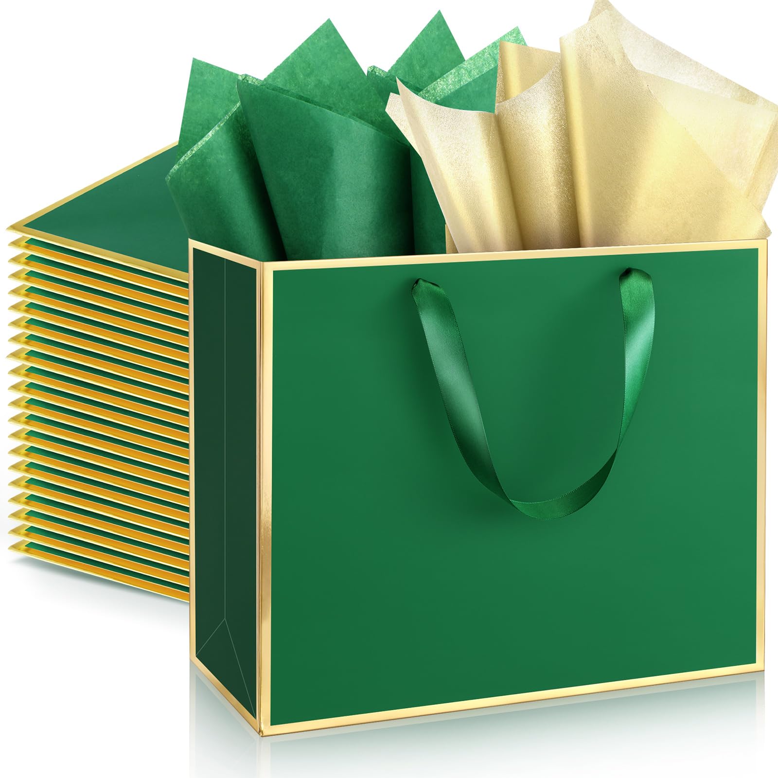 ReliThick 24 Pack Metallic Paper Gift Bag with Handles and Tissue Paper 11.8 x 10 x 4'' Thank You Favor Bag for Wedding Bridesmaid Groomsmen 5 Senses Birthday Gifts (Green Gold)