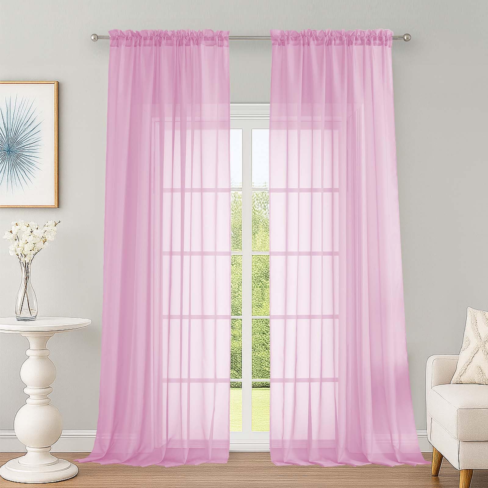 Extra Long Pink Sheer Curtains 96 Inches Long 2 Panels Set, Soft Lightweight Airy Voile Sheer Curtain for Bedroom Living Room, Rod Pocket Solid Color Farmhouse Curtains, 59" Wx96 L Inch