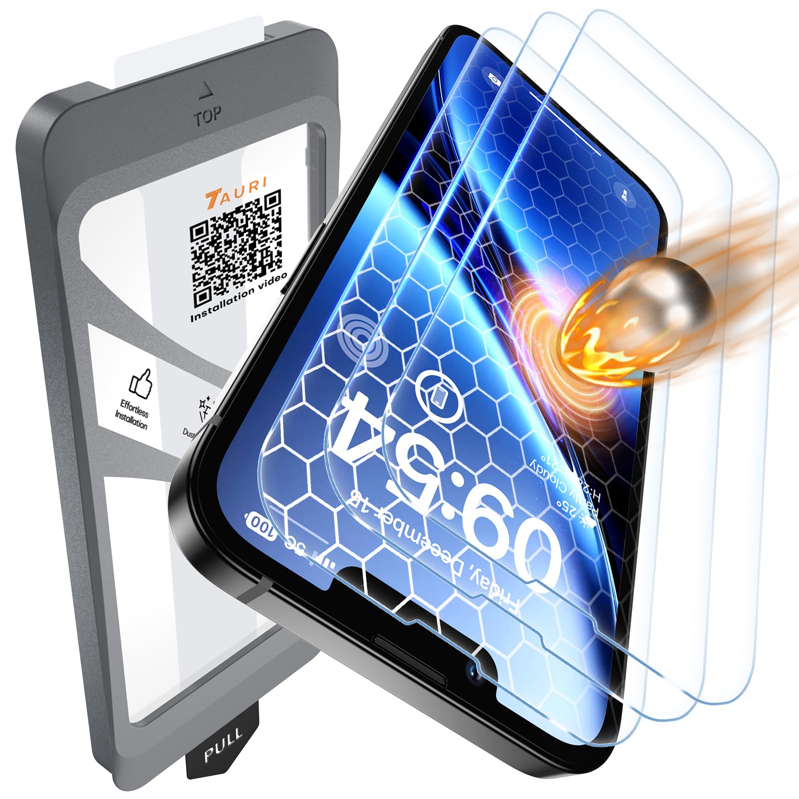 TAURI 3 Pezzi Pellicola Vetro Temperato per iPhone 16e 6,1 Pollici, Rimozione Automatica Della Polvere, Durezza 9H Protettiva, Senza Bolle