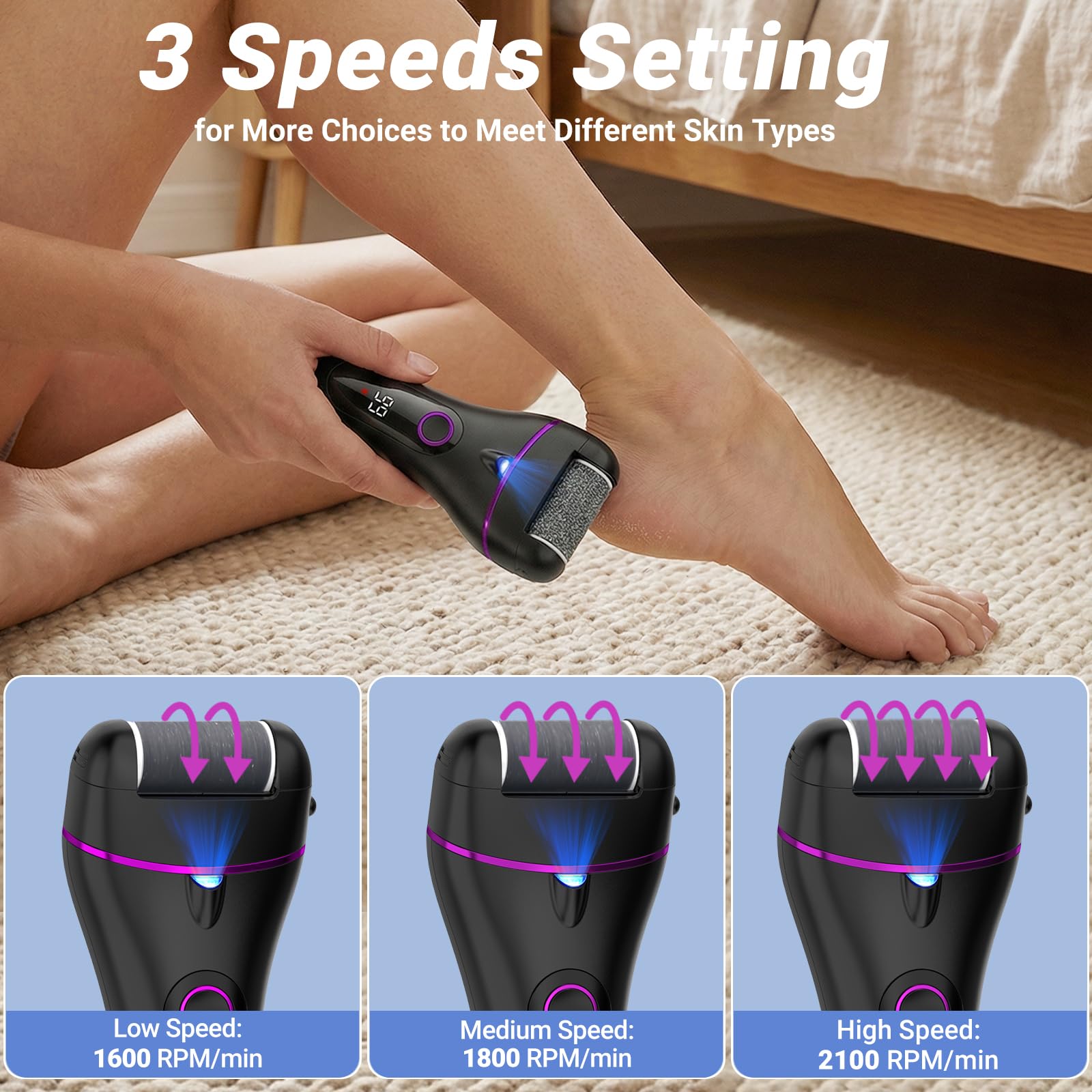 Lima Electrica Pies Durezas con 3 Rodillosy 17 Herramientas,3 Velocidades,Silenciar,Profesional Foot File para Eliminar Durezas y Callos Lima Electrica Pies (Negro)
