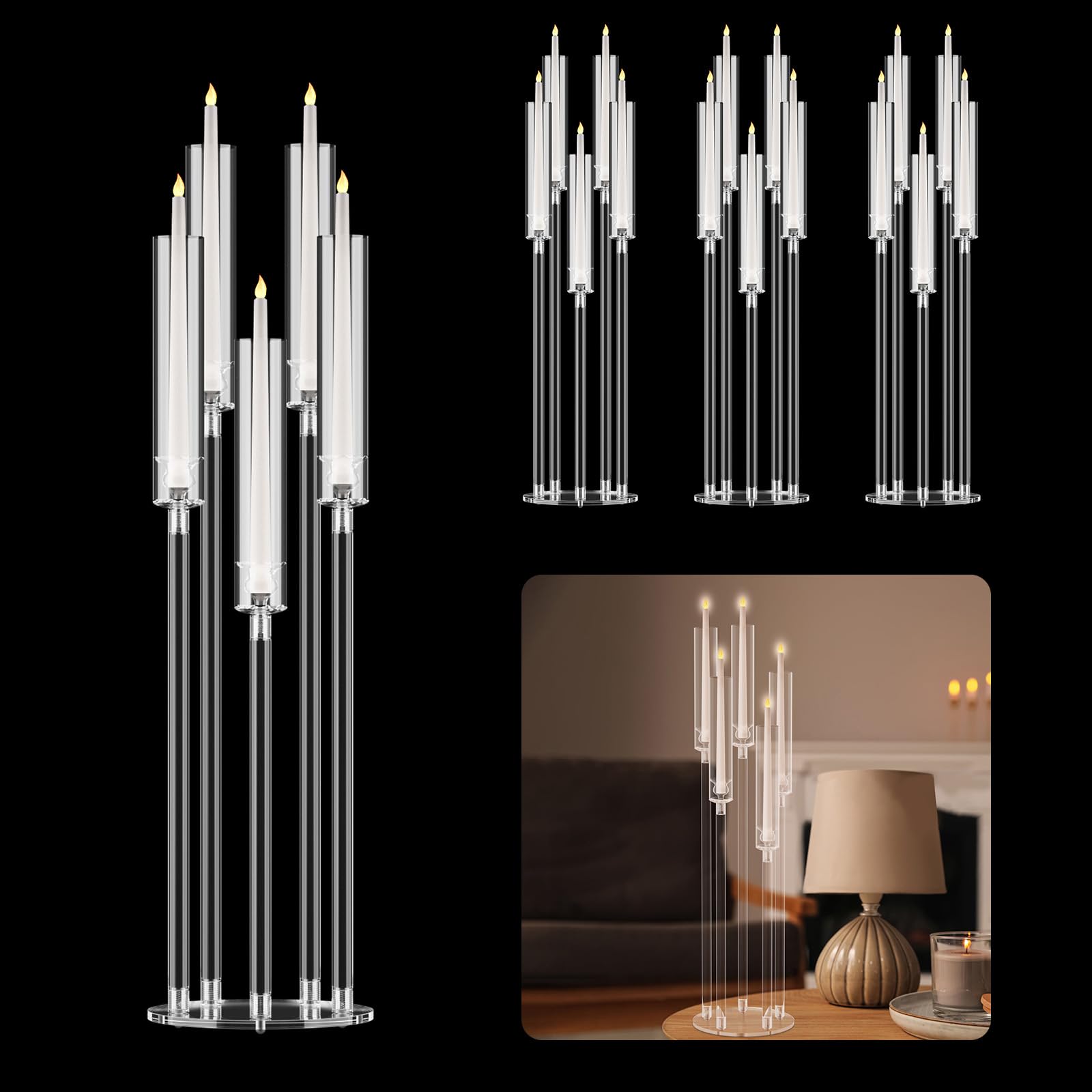 Set de 4 Bougeoirs en Acrylique à 5 Branches, Centre de Table Mariage, Hauteur Ajustable, Chandelier Photophore Flottante pour Décoration de Table