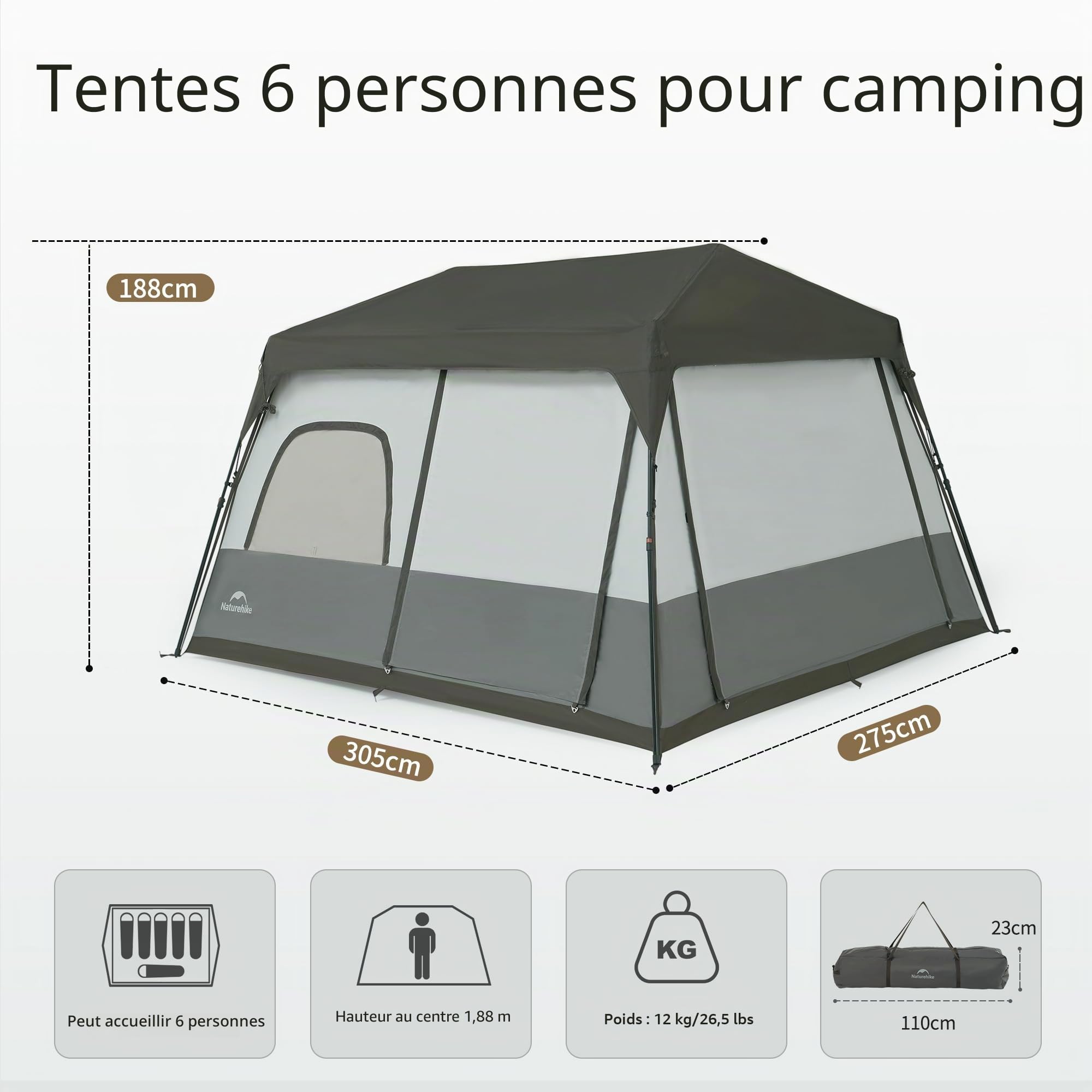 Naturehike Tente Festival 6 & 8 Places Grande Tente de Camping Tunnel Familiale étanche PU3000mm Voyages en Famille, au Camping, aux visites autonomes et à d'autres activités de Plein air