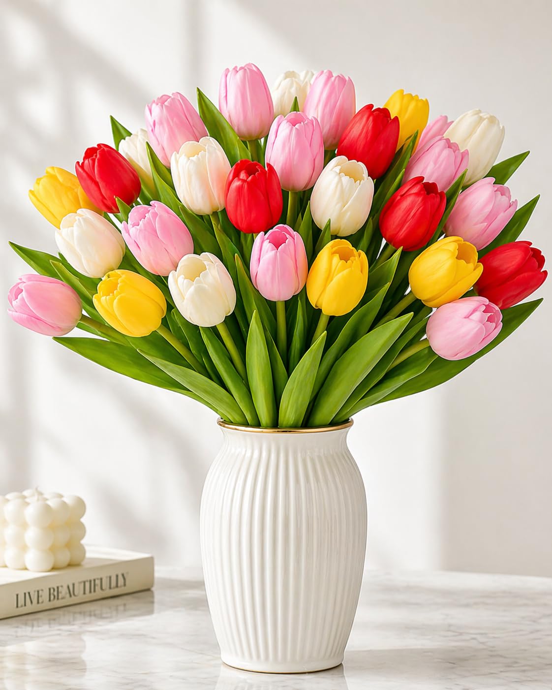 Pink Olive 10 pcs Multicolor Tulip Flower Natural Feel Soft Touch PU Material Washable No Fading Silk Tulips for Vase Decoration Home Living Room Bedroom Office Wedding Party Décor-image-47