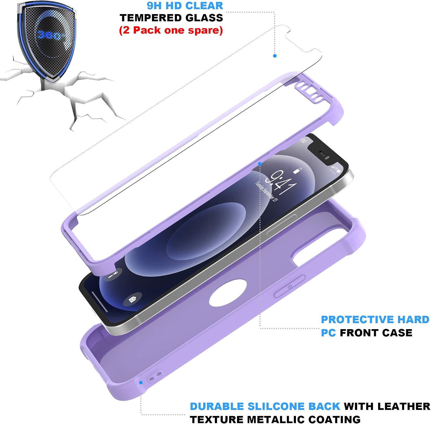 ORETECH Designed for iPhone 12 Case, Designed for iPhone 12 Pro Case with [2 x Tempered Glass Screen Protector] 360° Heavy Duty Hard PC Bumper Phone Cover for iPhone 12/iPhone 12 Pro Case-6.1''Purple