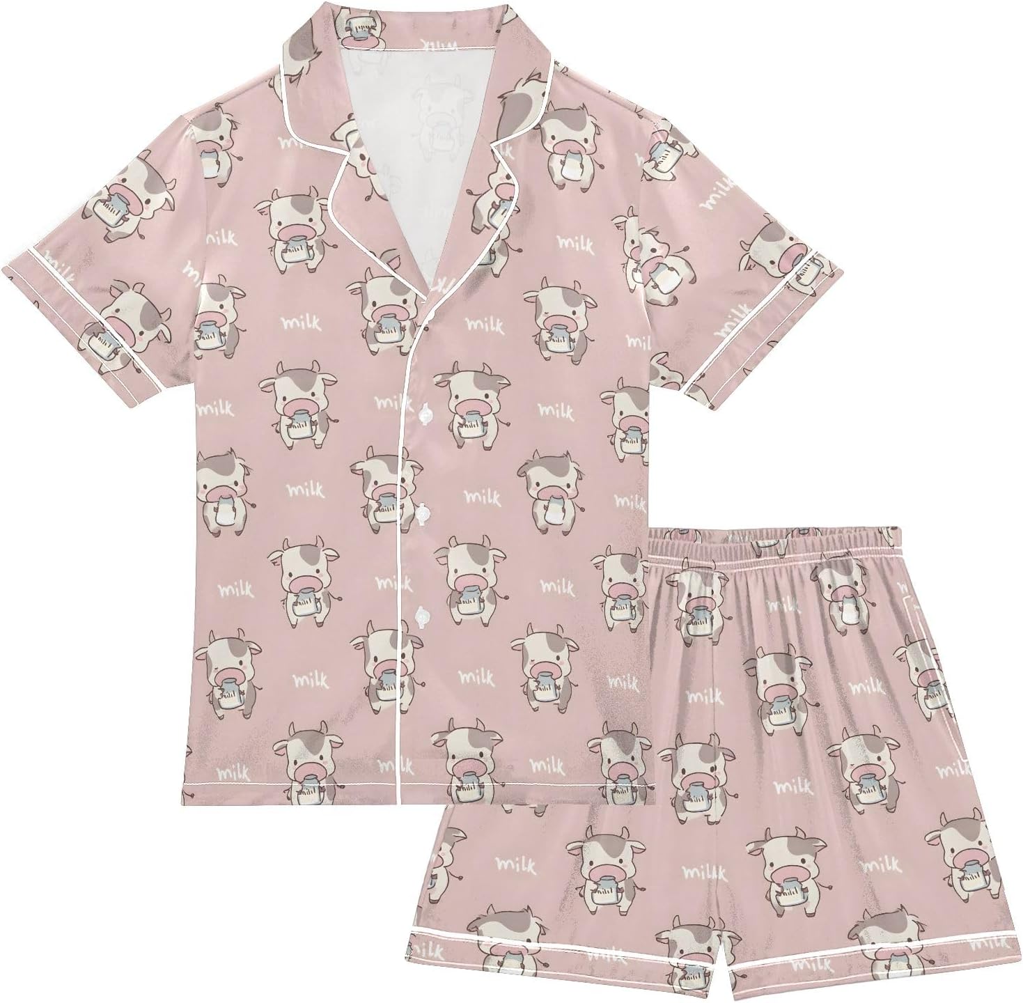 Kids Satin Wear Set Cartoon Cow Pattern Relaxing Clothing Short Sleeve and Shorts