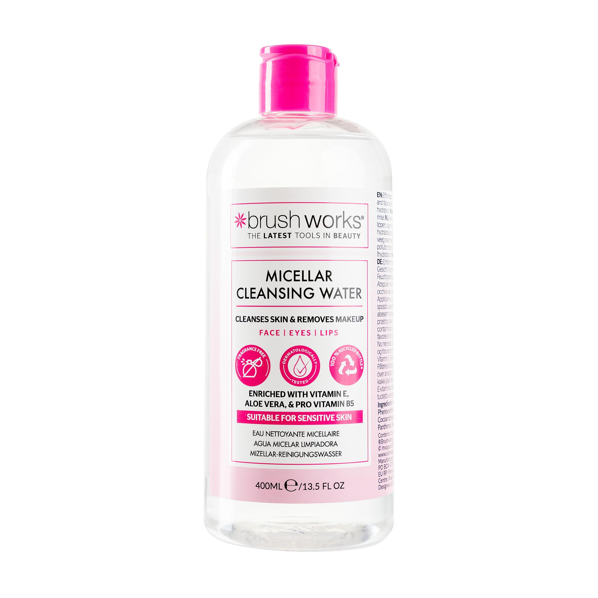 Brushworks Micellar Cleansing Water 400ml – Gentle Makeup Remover with Vitamin E, Aloe Vera & Pro Vitamin B5 for Face, Eyes & Lips, Fragrance Free & Vegan