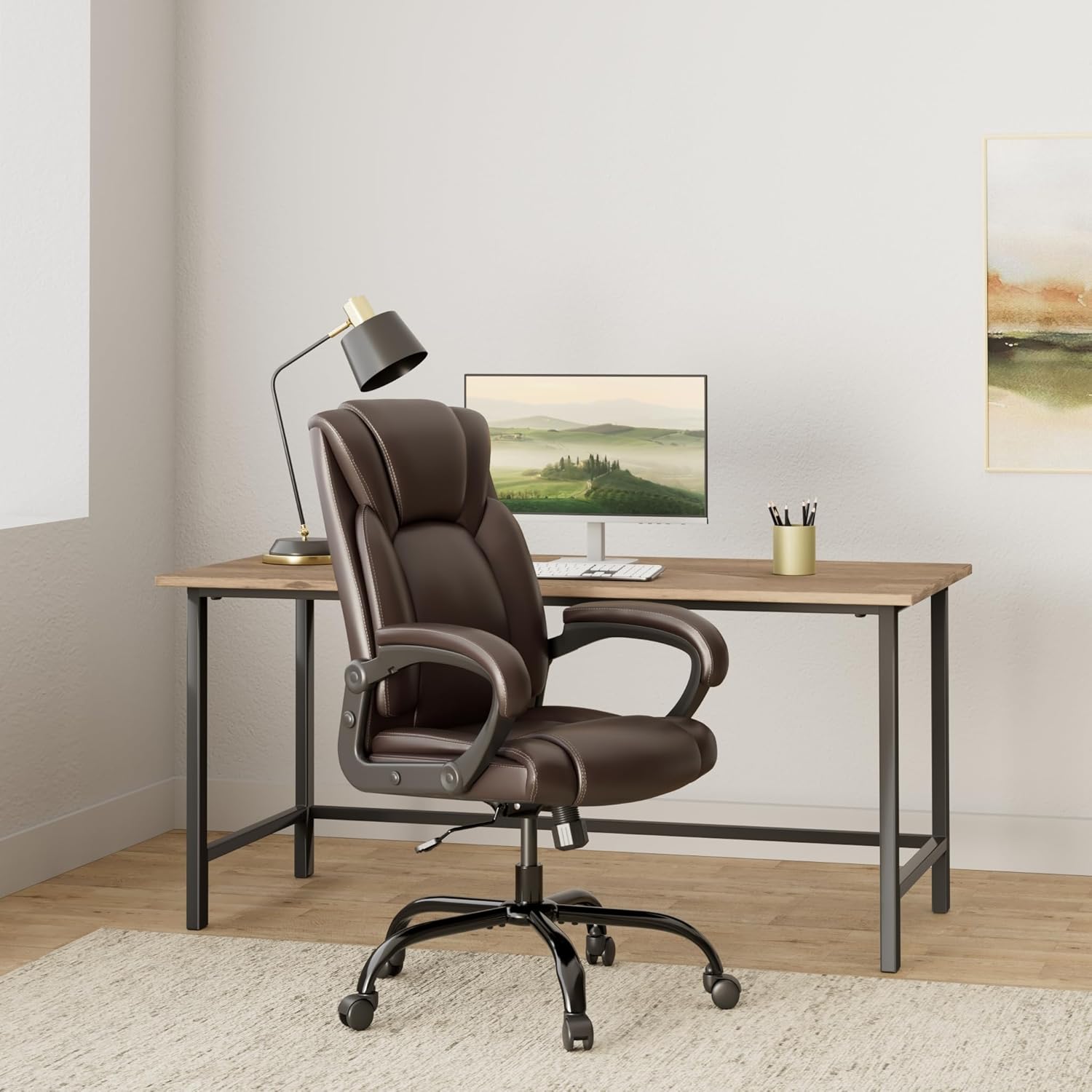 OUTFINE Office Chair Executive Office Chair Desk Chair Computer Chair with 5-Year hydrolysis-Resistant Leather Spring Cushion Ergonomic Support Tilting Function Upholstered in Bonded Leather (Brown) - Image 2