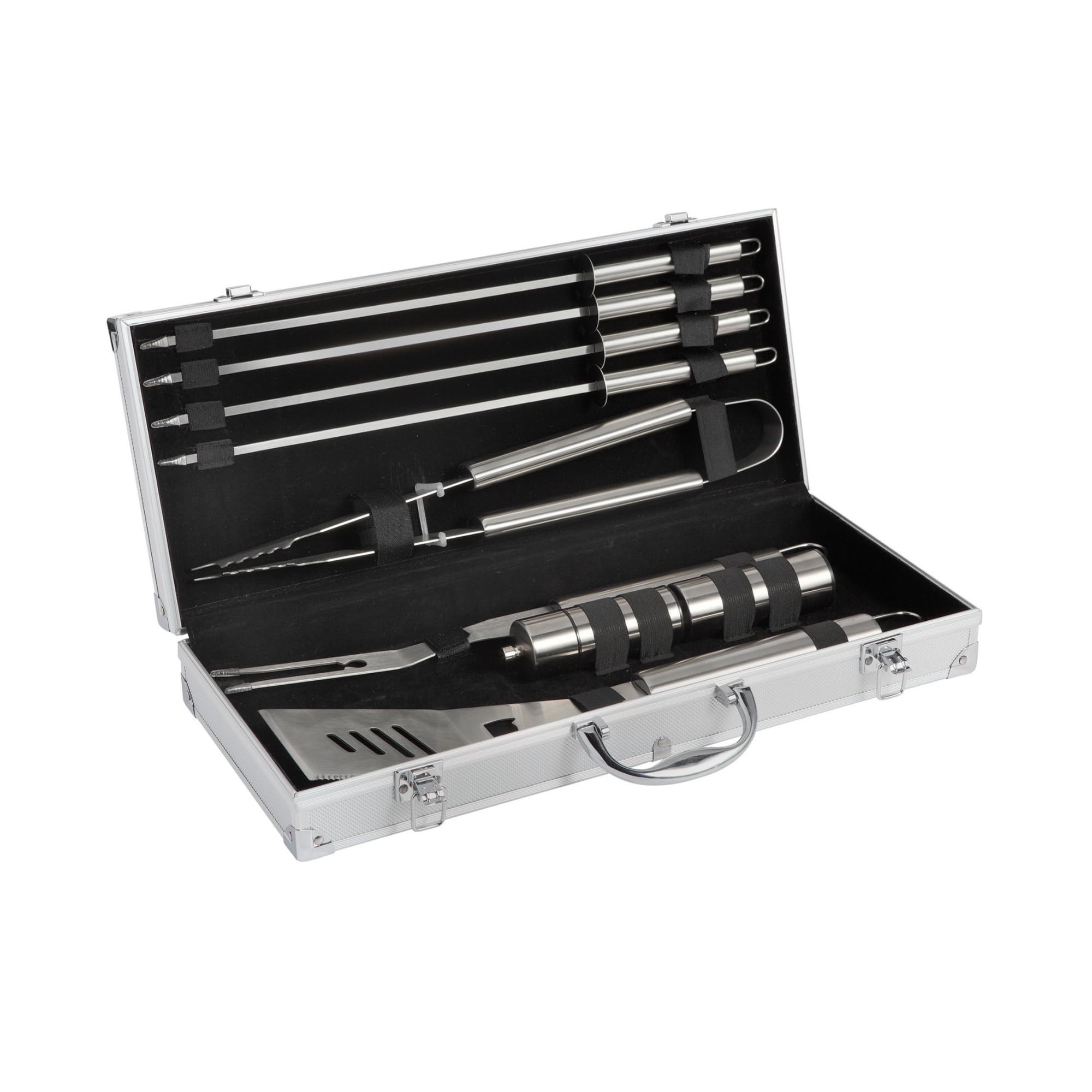 Cook’in Garden - Ensemble Complet d’Ustensiles Inox pour Barbecue et Plancha, Set avec Spatule, Pince, Fourchette, 4 Pics, Salière et Poivrière, Accessoires Cuisine Extérieure Terrasse Jardin