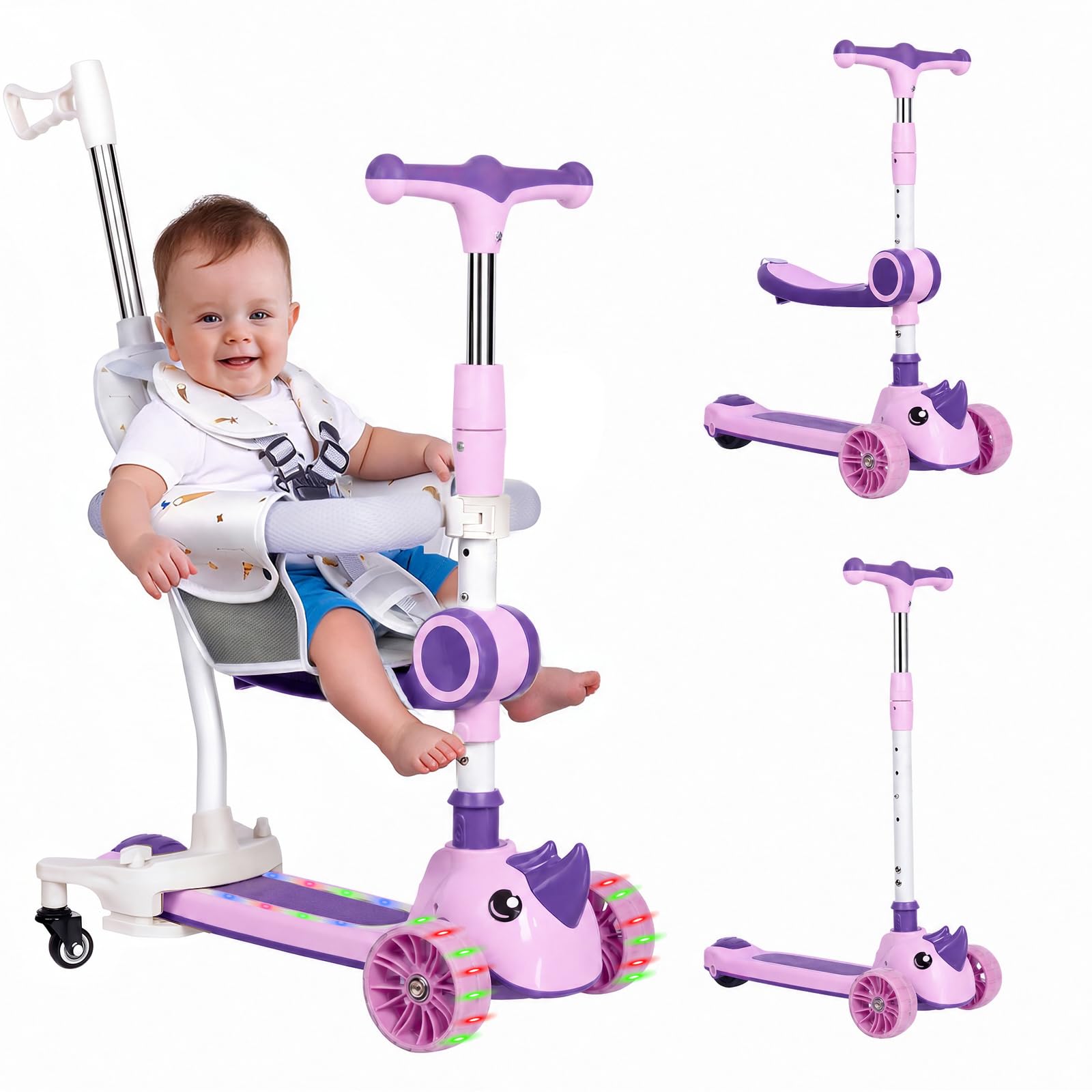 Patinete infantil 3 en 1, patinete infantil con barra deslizante, con asiento extraíble y ruedas LED, altura regulable en 3 niveles, para niños de 1 a 8 años, hasta 50 kg