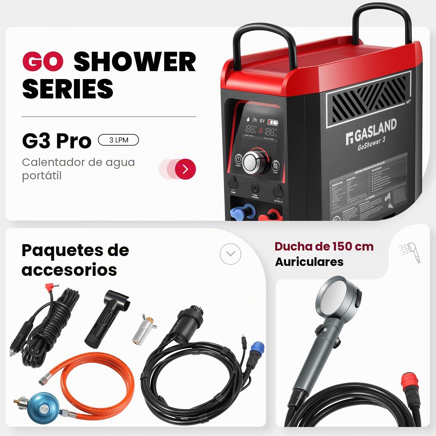 GASLAND Calentador de agua para exteriores, propano/butano (50 mbar) para exteriores, con batería recargable incorporada, ducha caliente para camping