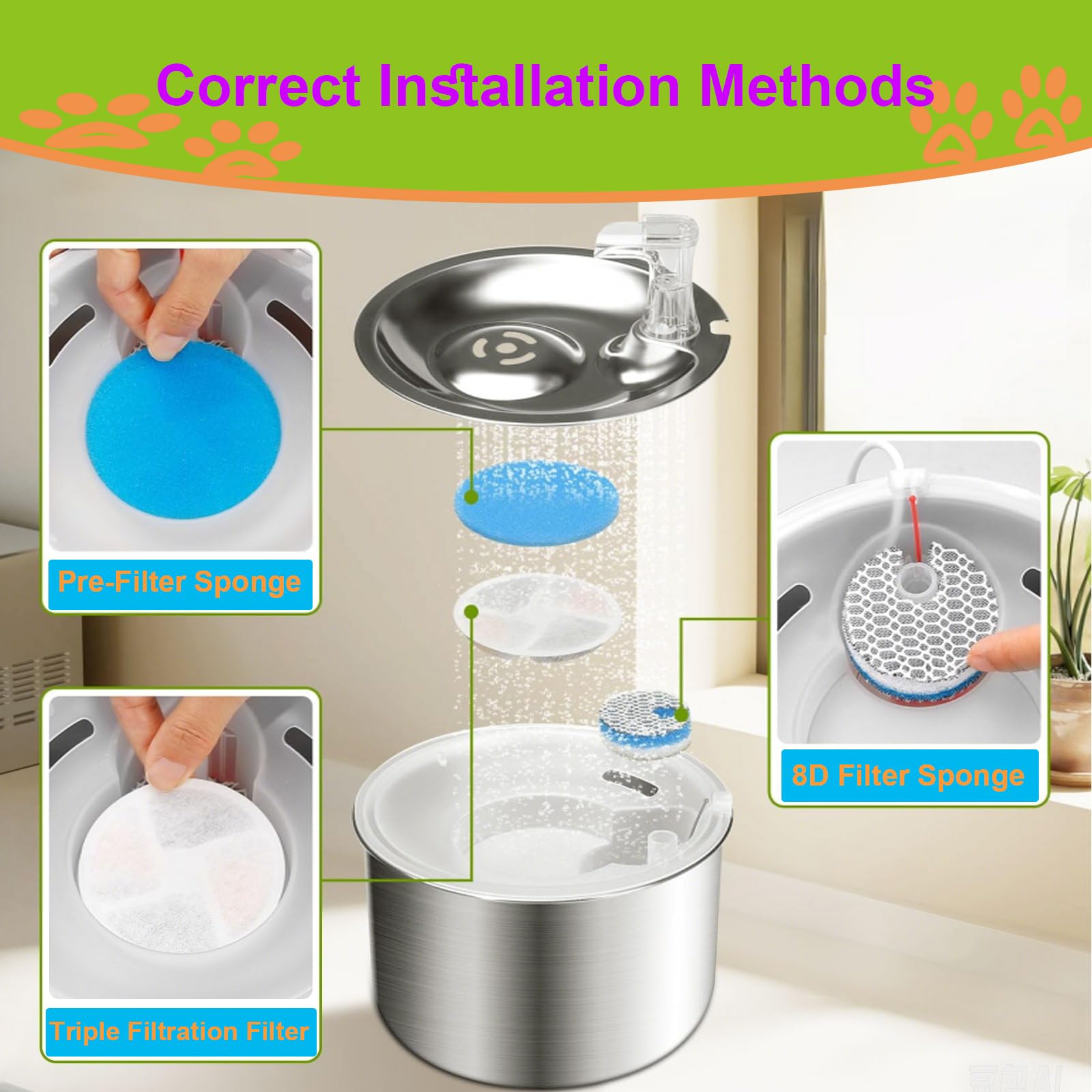 Cat Water Fountain Filter,Cat Fountain Filters Replacement for Round 2L/67oz Stainless Steel Pet Water Fountain,5 Pack Pet Fountain Filter Replacement - image 4