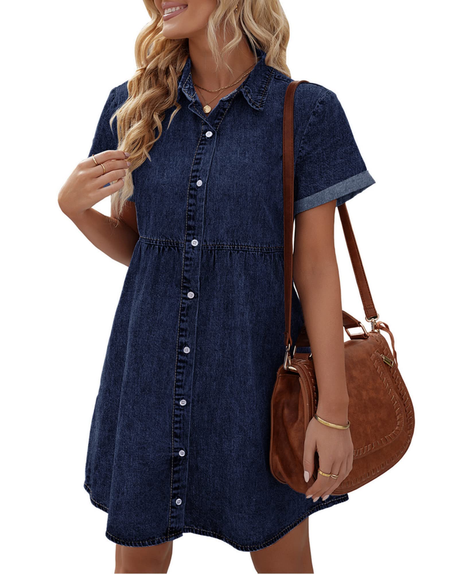 VetineeWomen's Casual Babydoll Denim Dress Short Sleeve Button Down Flowy Tiered