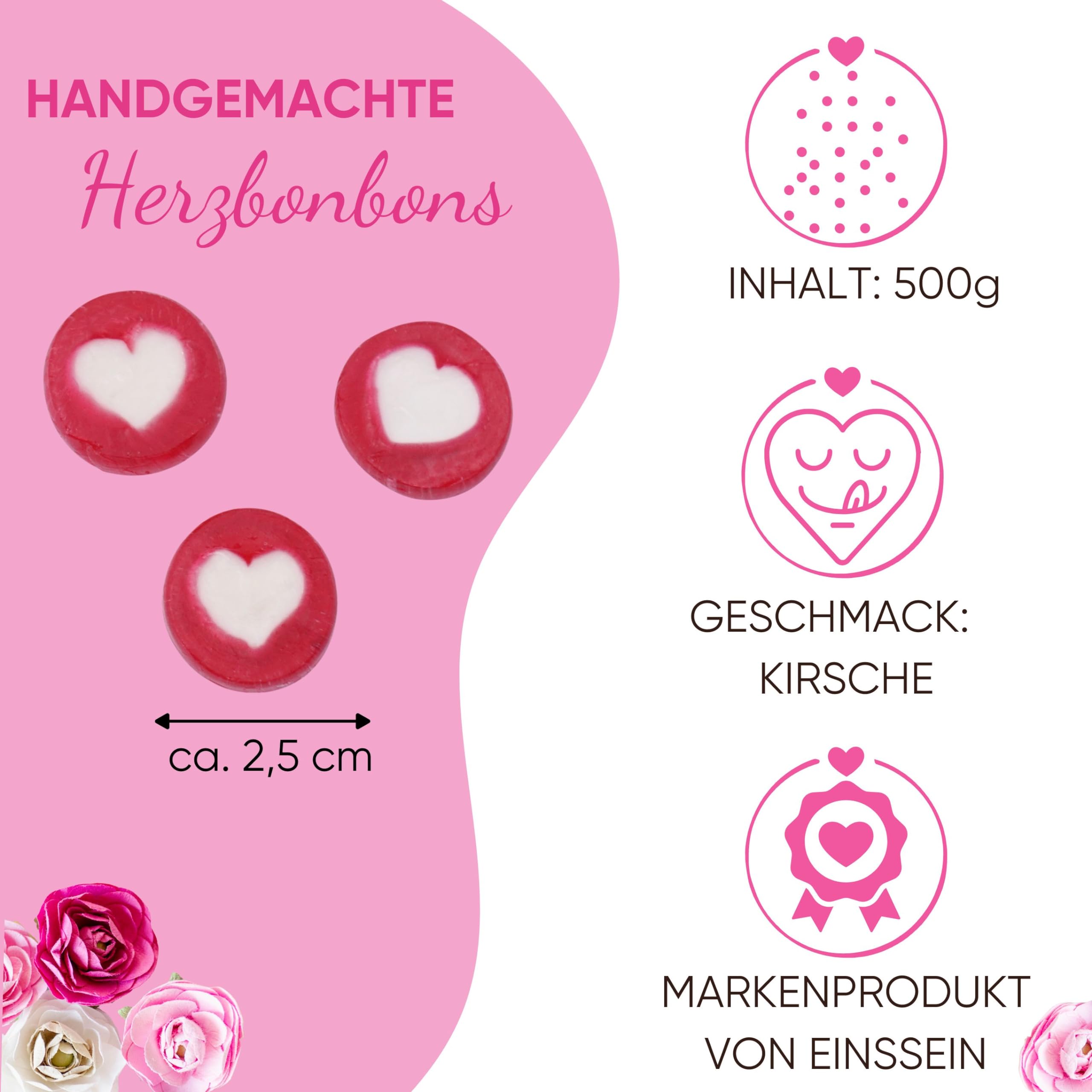 EinsSein Herzbonbons rot mit Weiß 500g | handgemachte Bonbons Herzform | Gastgeschenke Hochzeit Taufe Valentinstag Muttertag Kommunion | Essbare Tischdeko & Süßigkeiten Großpackung Herz