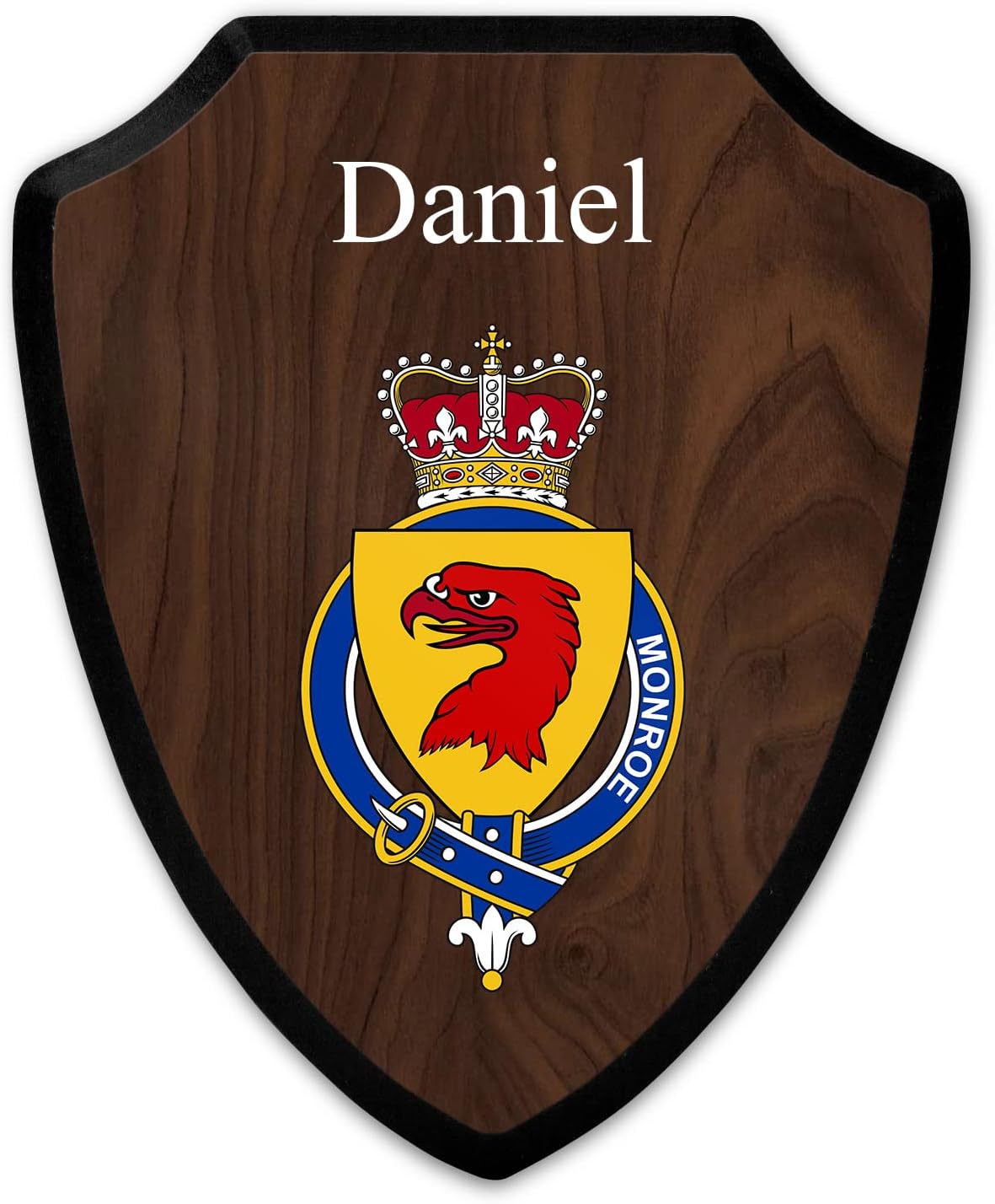 HARD EDGE DESIGN Family Coat of Arms Heritage Shield Plaque, Scottish Garter Family Grant with Dark Wood Background