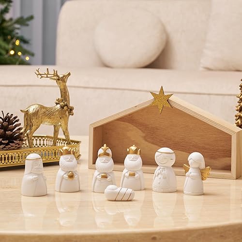 Miniatura 14 de WDS Wondrous Juego de 12 piezas de pesebre de cerámica, figuras de Navidad en miniatura, belén de porcelana blanca para decoración de mesa de Blanco