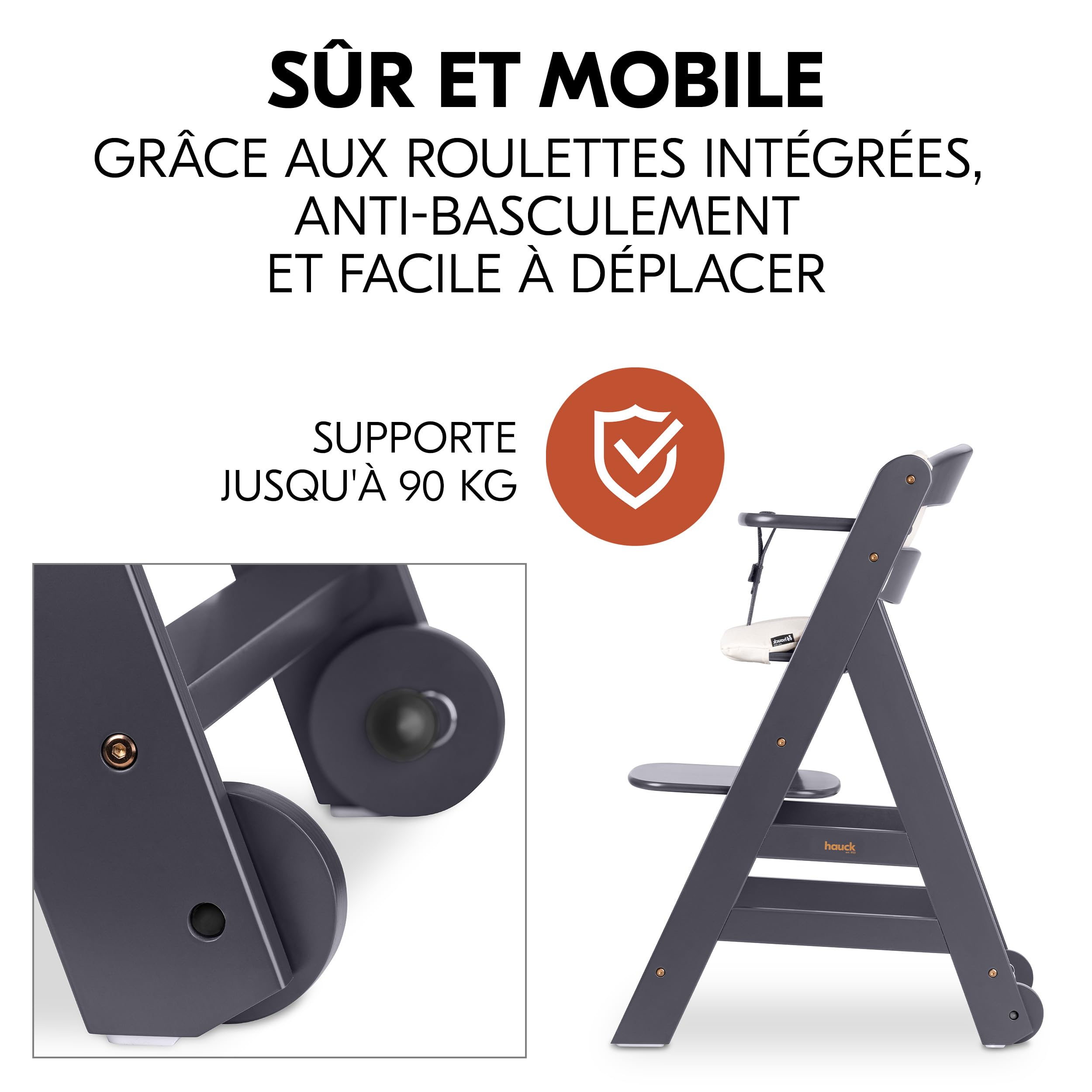hauck Chaise Haute Bébé Beta+ avec Siège Nouveau-né Eco - Dark Grey | Chaise haute évolutive en bois, de la naissance à 90 kg, inclus assise bébé ergonomique, roues, plateau repas, coussin