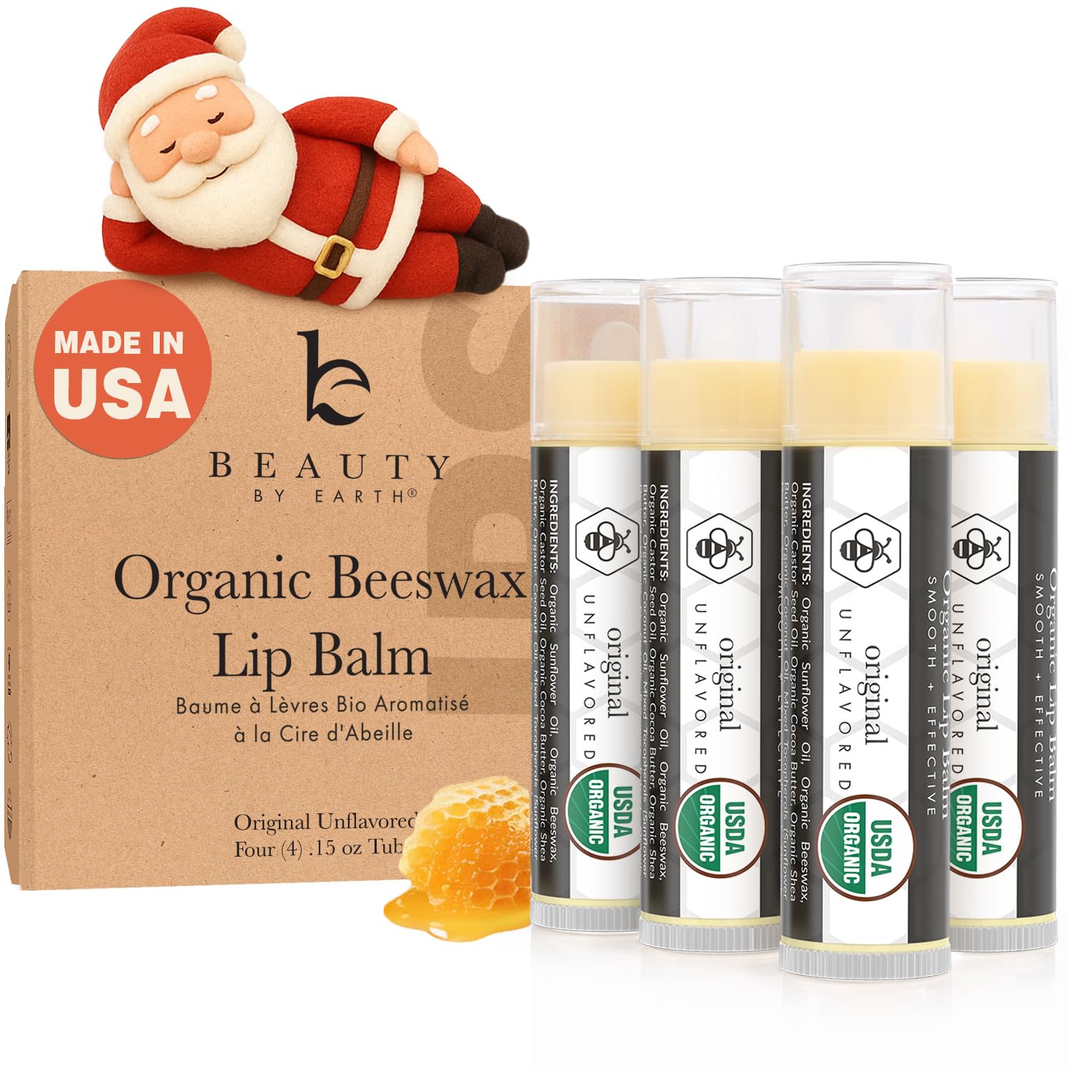 Lip Balm Organic (Original Unflavored) 4 Tube Pack ; Pure and Natural Beeswax Lip Butter with Aloe Vera, Vitamin E for a Clear Gloss; Moisturize, Repair Dry, Cracked or Chapped Lips, Made in USA