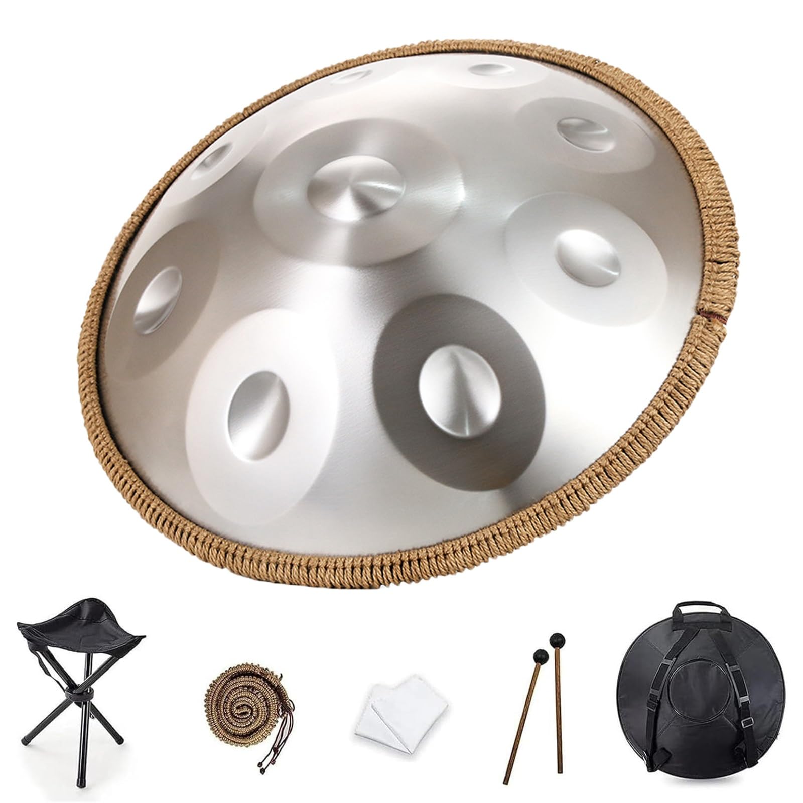 XNZJHPP D Minor Handpan Drum - 22 Steel Percussion Instrument with Carry Bag & 2 Mallets for Music Therapy, Meditation, Yoga, Relaxation, and Stress Relief (Silver 432Hz)