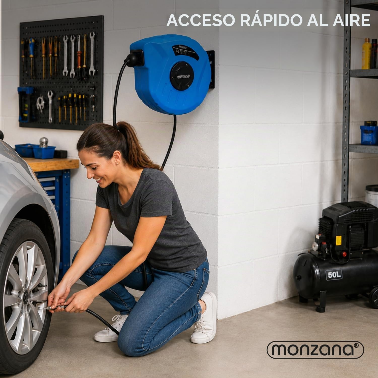 Monzana Carrete de Manguera Automático de 10m Soporte de Pared Aire Comprimido Conexión 1/4' Portamanguera