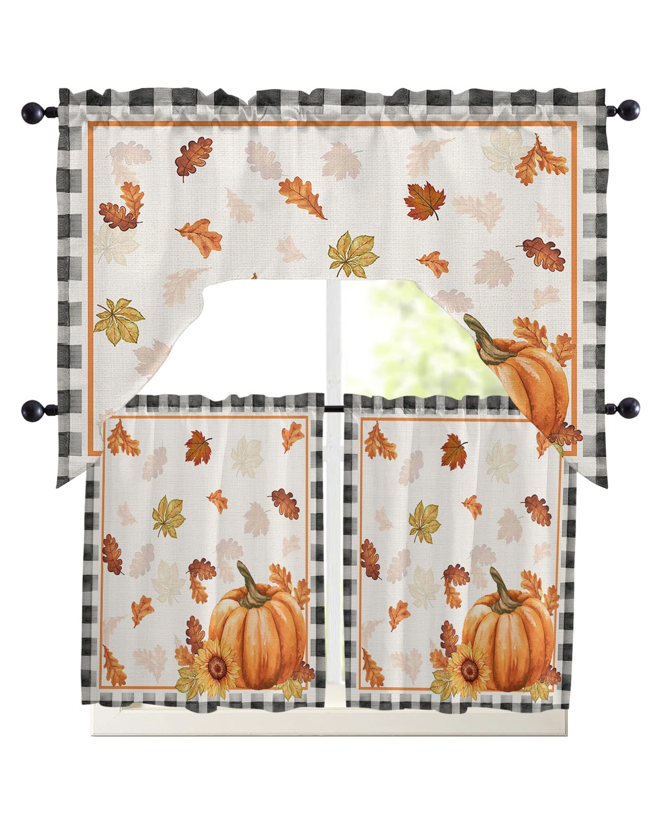 Thanksgiving Pumpkin Swag Kitchen Curtain Sets with Valance,3 Pieces Rod Pocket Curtain Drapes for Bedroom Living Room Bathroom Windows,Fall Maple Leaves Gingham Grid 56''x36'' & 36''x27.5''x2Panels