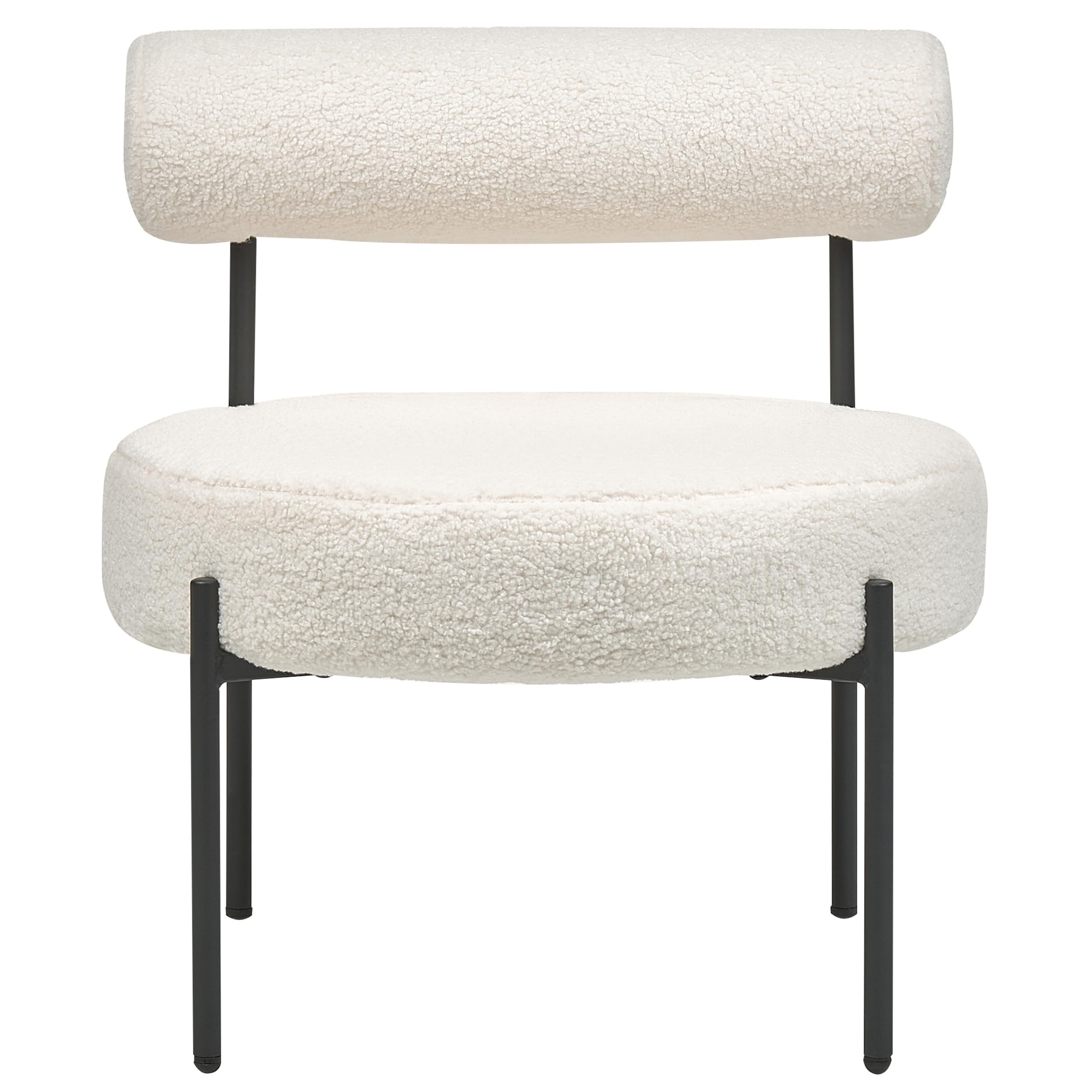 Sessel rund Bouclé weiß niedrige Lehne schwarze Metallbeine Retro Alpha