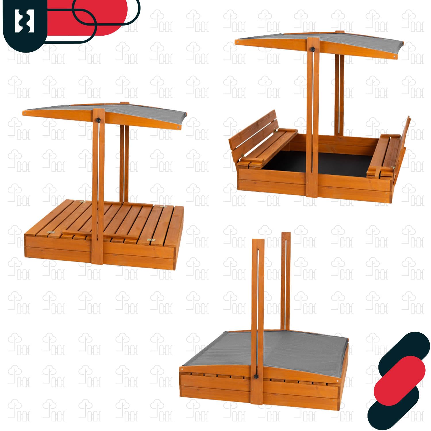 KOTARBAU® Arenero Infantil - Madera - 140 x 140 cm - Marrón - Arenero con Tapa - y Bancos - con Techo Gris - Protección Solar - Cajón de Arena - Zona de Arena Infantil