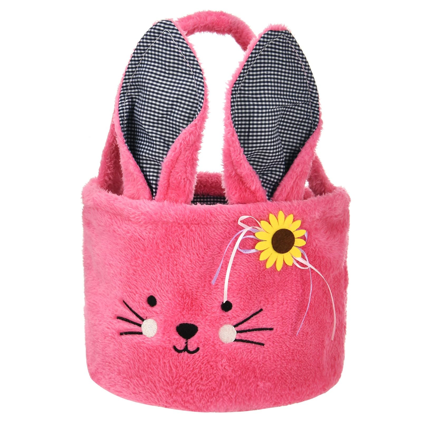 ONGLYP Easter Bunny Basket Plush Easter Bunny Tote Bags Cute Rabbit Design Personalized Easter Bucket for Kids Carrying Gift and Eggs (Plush-Rose Red)