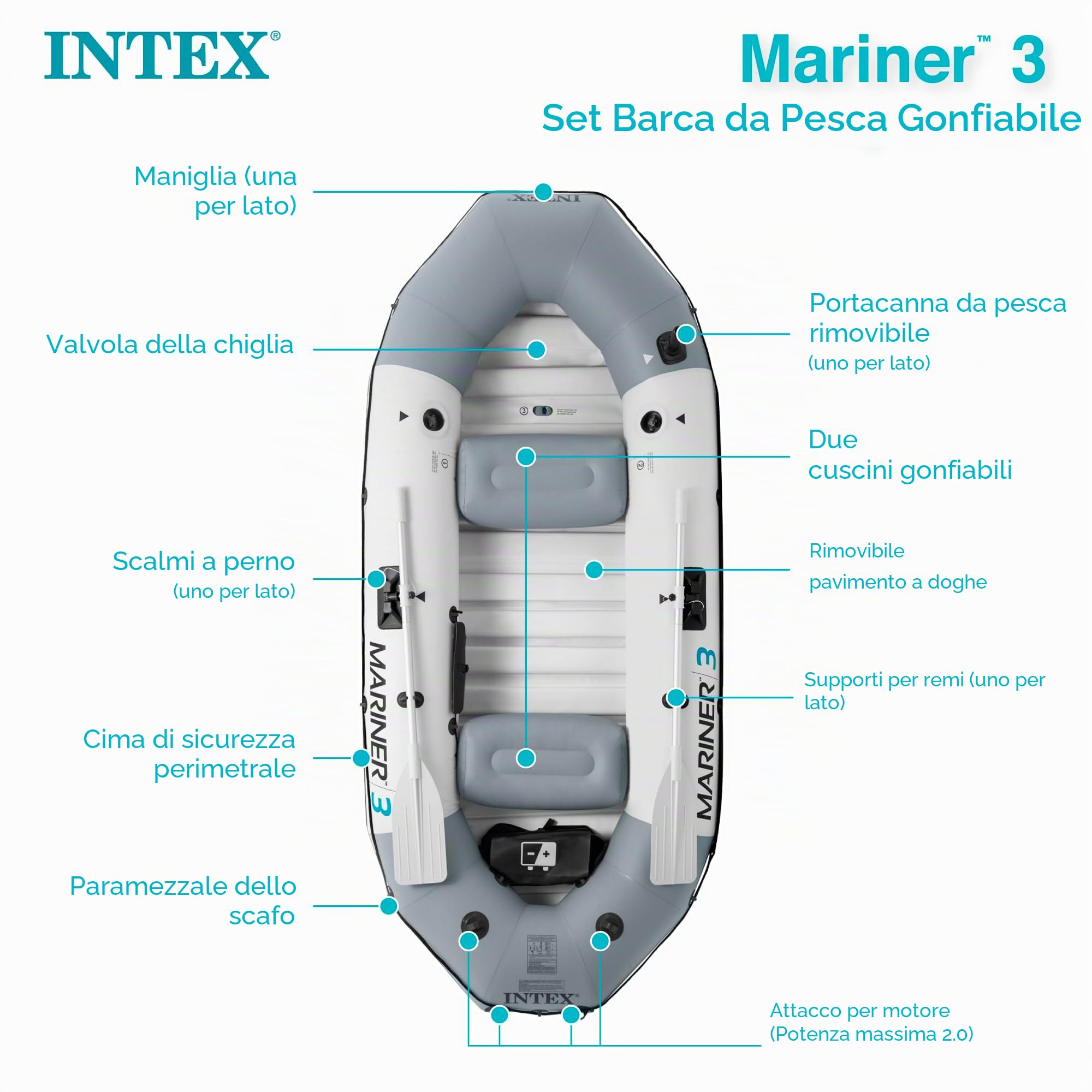 INTEX Serie di barche gonfiabili Mariner: include remi da barca deluxe e pompa ad alto rendimento - PVC super resistente - chiglia resistente all'usura - porta canna da pesca rimovibile - maniglia
