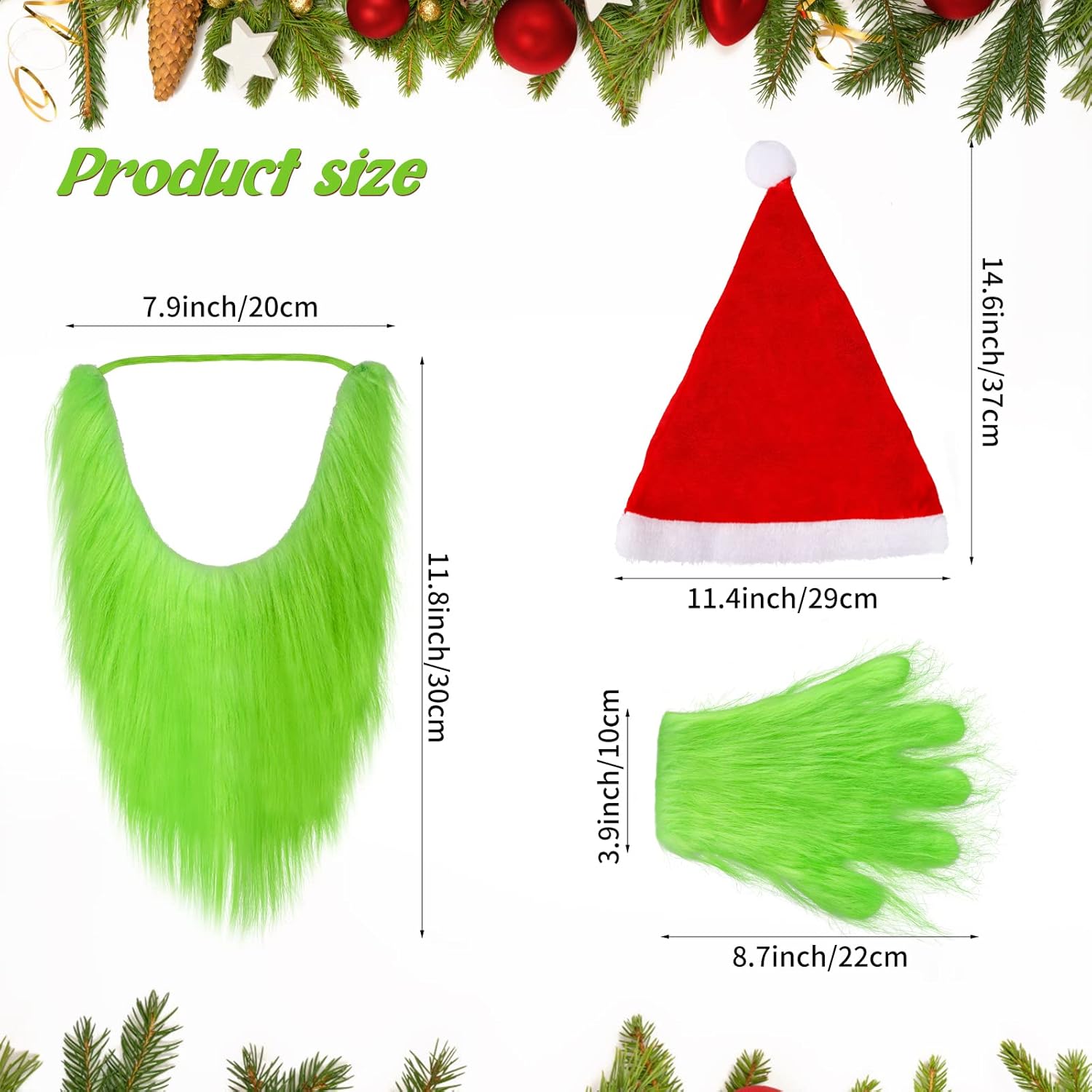 Hxezoc Green Monster Costume Accessories Christmas Plush Beard Santa Hat and Furry Gloves for Kids Adults Novelty Cosplay Costume Christmas Holiday Party Props Supplies - Image 2