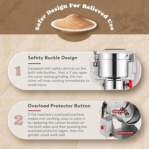 Miniatura 19 de Moongiantgo Molinillo de granos eléctrico de 5.29 oz, molinillo de especias comercial de 850 W, pulverizador de acero inoxidable, máquina