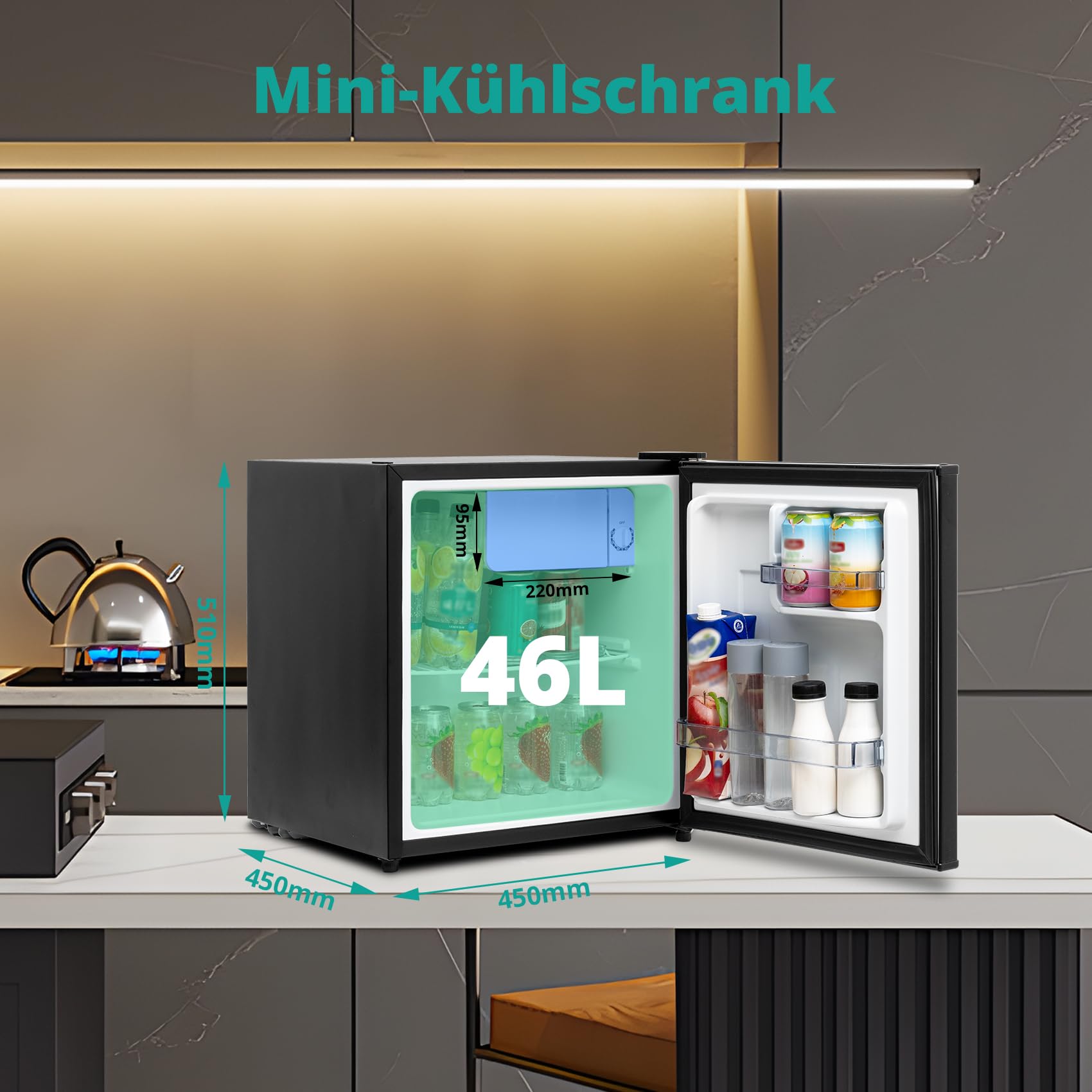 SMETA 46L Mini Kühlschrank, Klein Kühlschrank Leiser 39dB, Minikühlschrank 6-Stufen Thermostat 0-10°C, mit wechselbarem Türanschlag für Zuhause Büro Camping Schlafzimmer, Schwarz