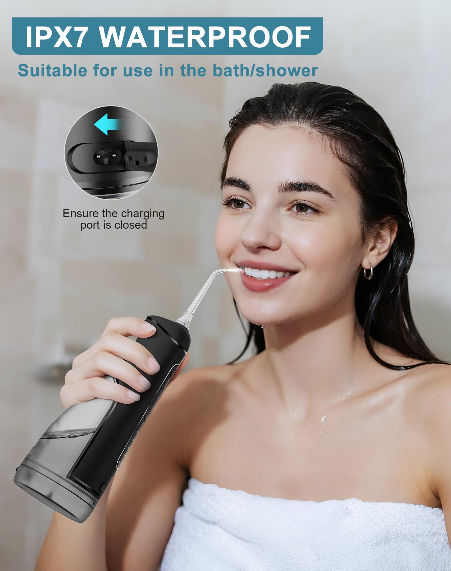 Jet Dentaire Hydropulseur Portable, Hydropulseurs et Irrigateurs 5 Modes 20 Niveaux & 3 Intensités, Réservoir 300ml à Fond Détachable, Irrigateur Sans Fil IPX7, Sans BPA, Silencieux