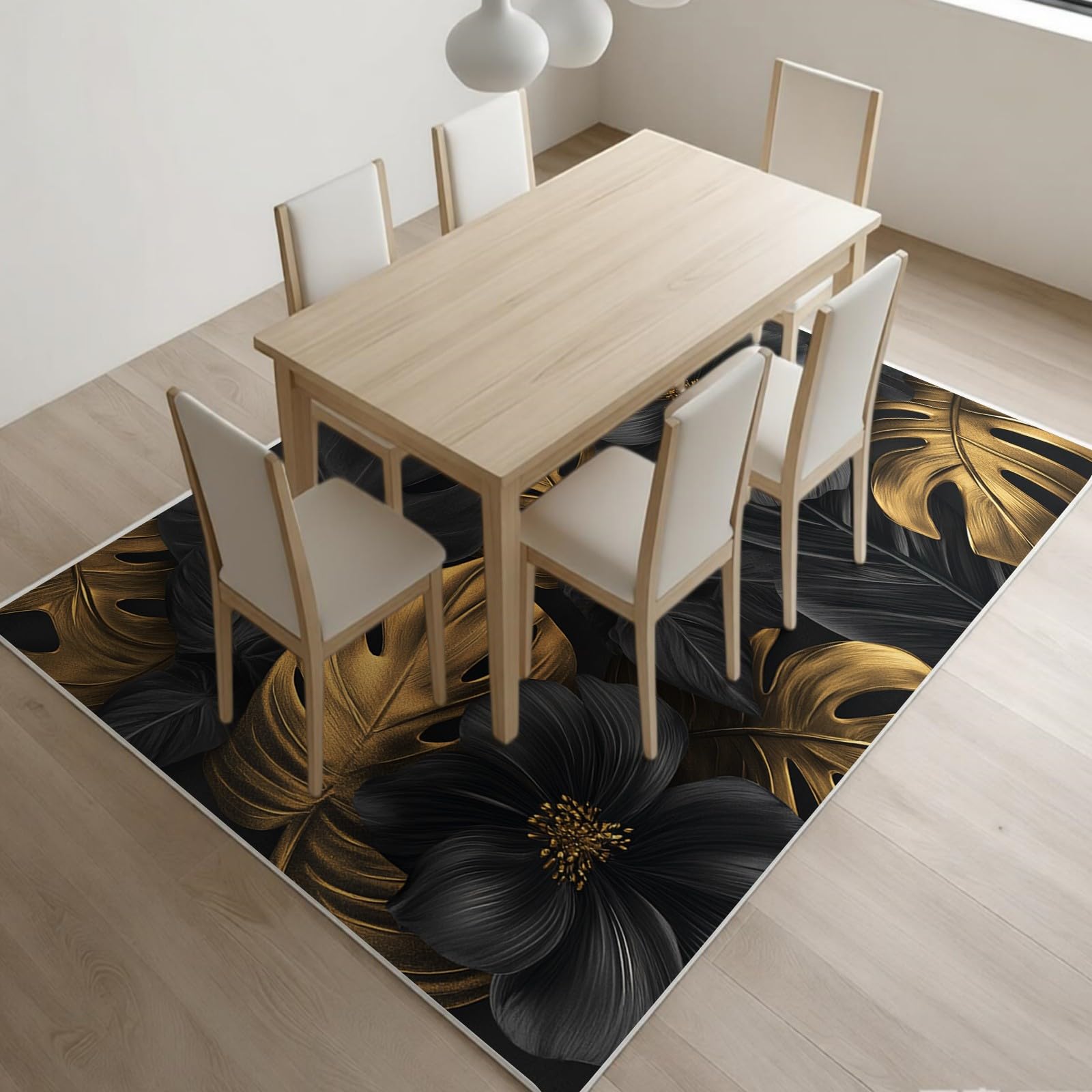 Großer Teppich 80 x 120 cm Abstraktes Monstera-Blatt Wohnzimmer Teppich Flanell Weich Flauschig Anti-Rutsch Gold Kinderzimmer Schlafzimmer Küche