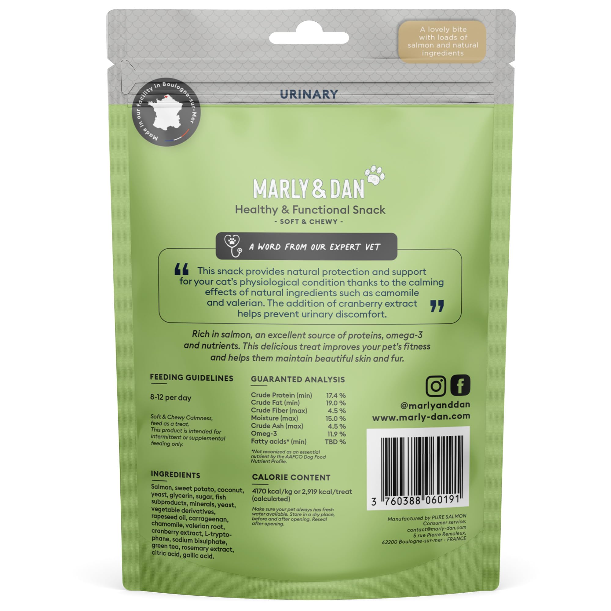 Marly & Dan Salmon Treats for Cats with Brewers Yeast & Green Tea, Urinary Recipe, 3oz Bag