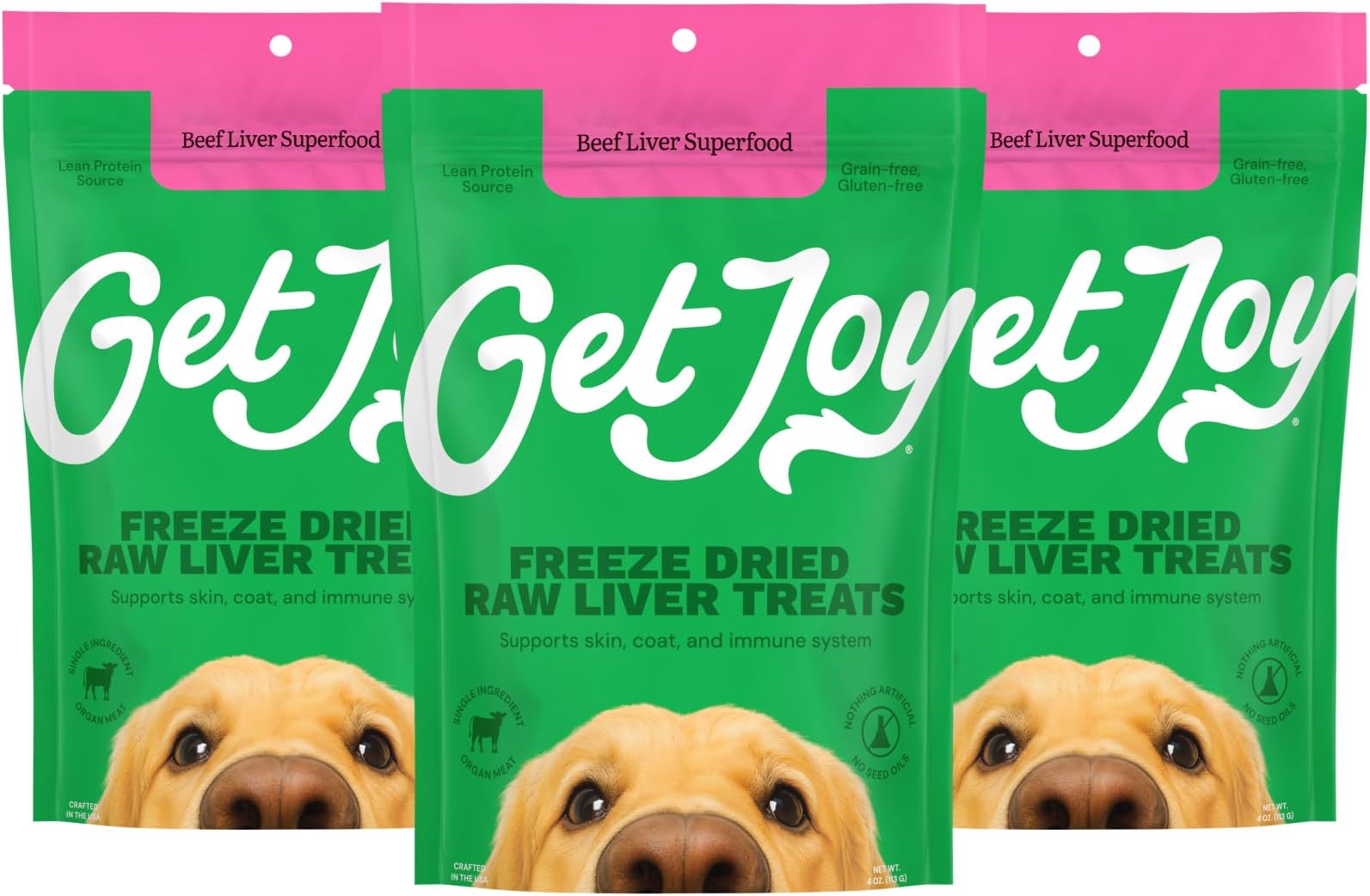 Get Joy Freeze Dried Superfood 100% Beef Liver Dog Treats, 4 Ounce Bag (Pack of 3), Single Ingredient Organ Meat, High Protein, Vision, Skin & Coat Health, Grain Free, Gluten Free, Made in USA